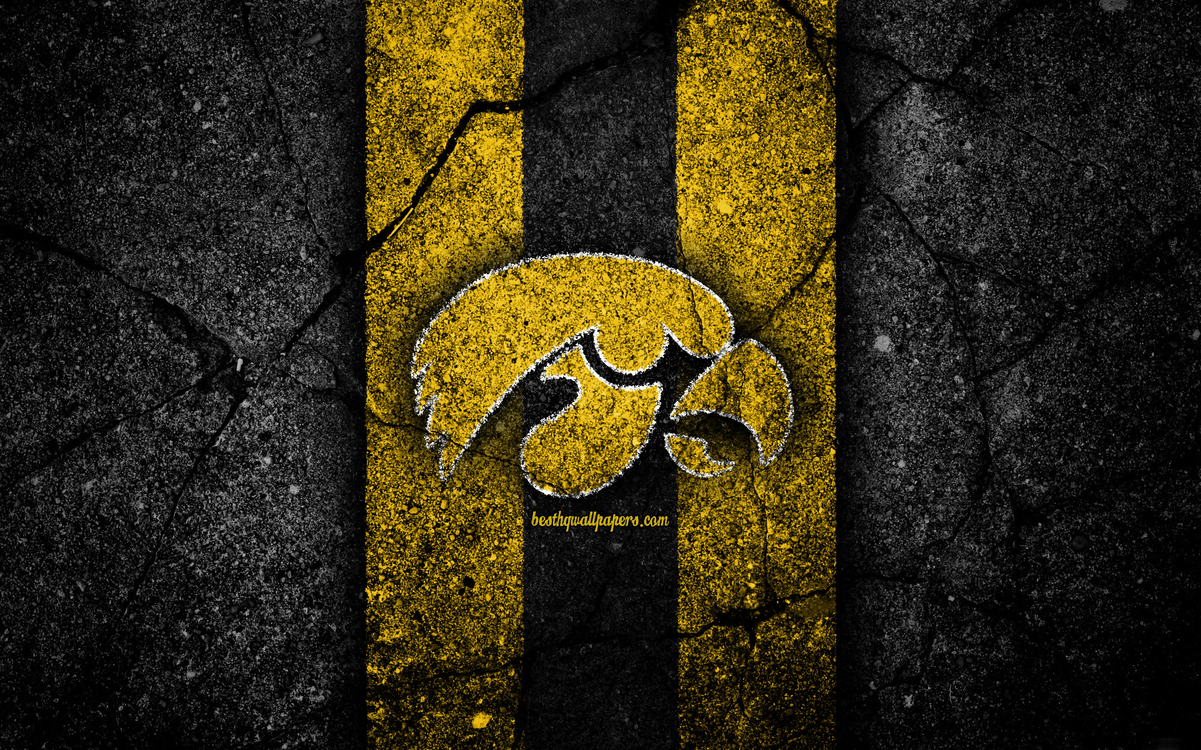 3840x2400 Download wallpaper Iowa Hawkeyes, 4k, american football team, NCAA, yellow black stone, USA, asphalt texture, american football, Iowa Hawkeyes logo for desktop with resolution. High Quality HD picture wallpaper, Desktop