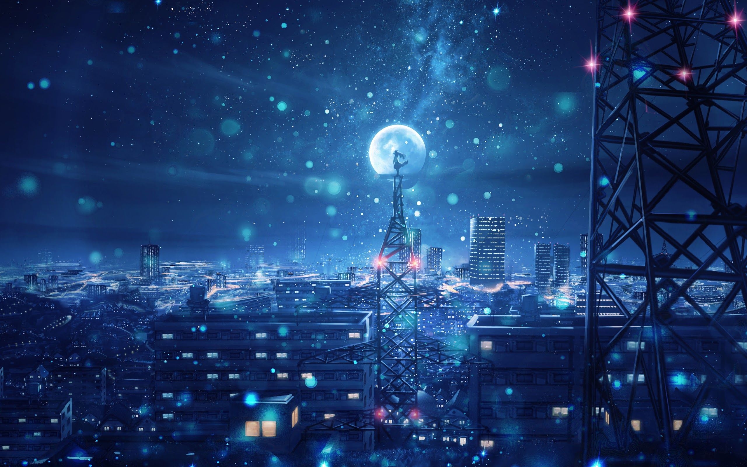 2560x1600 Night Sky City Stars Anime Scenery 4K Wallpaper, Desktop