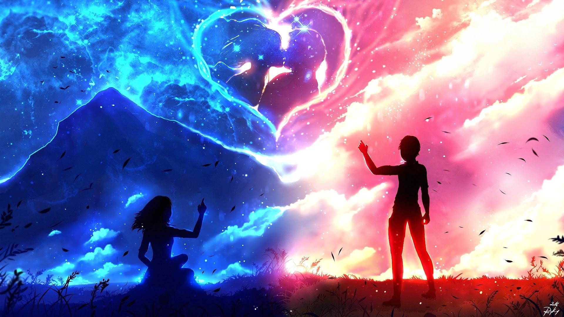 1920x1080 Anime Couple Silhouette Heart 4K Wallpaper, Desktop