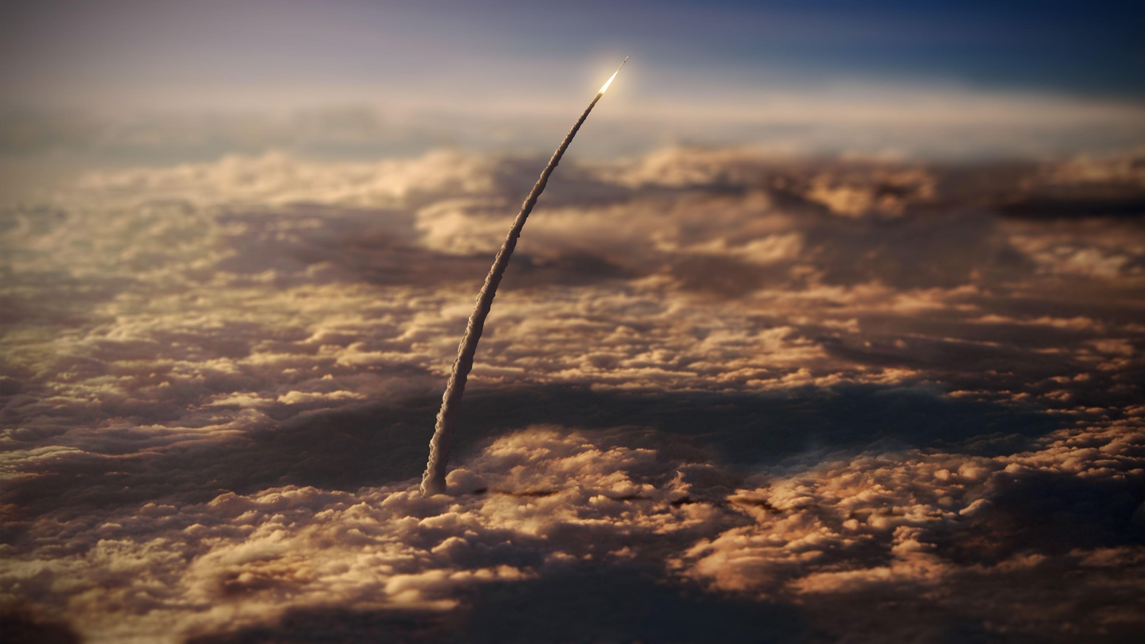 3840x2160 smoke, launch, rocket, clouds, tilt shift, NASA, space wallpaper, Desktop