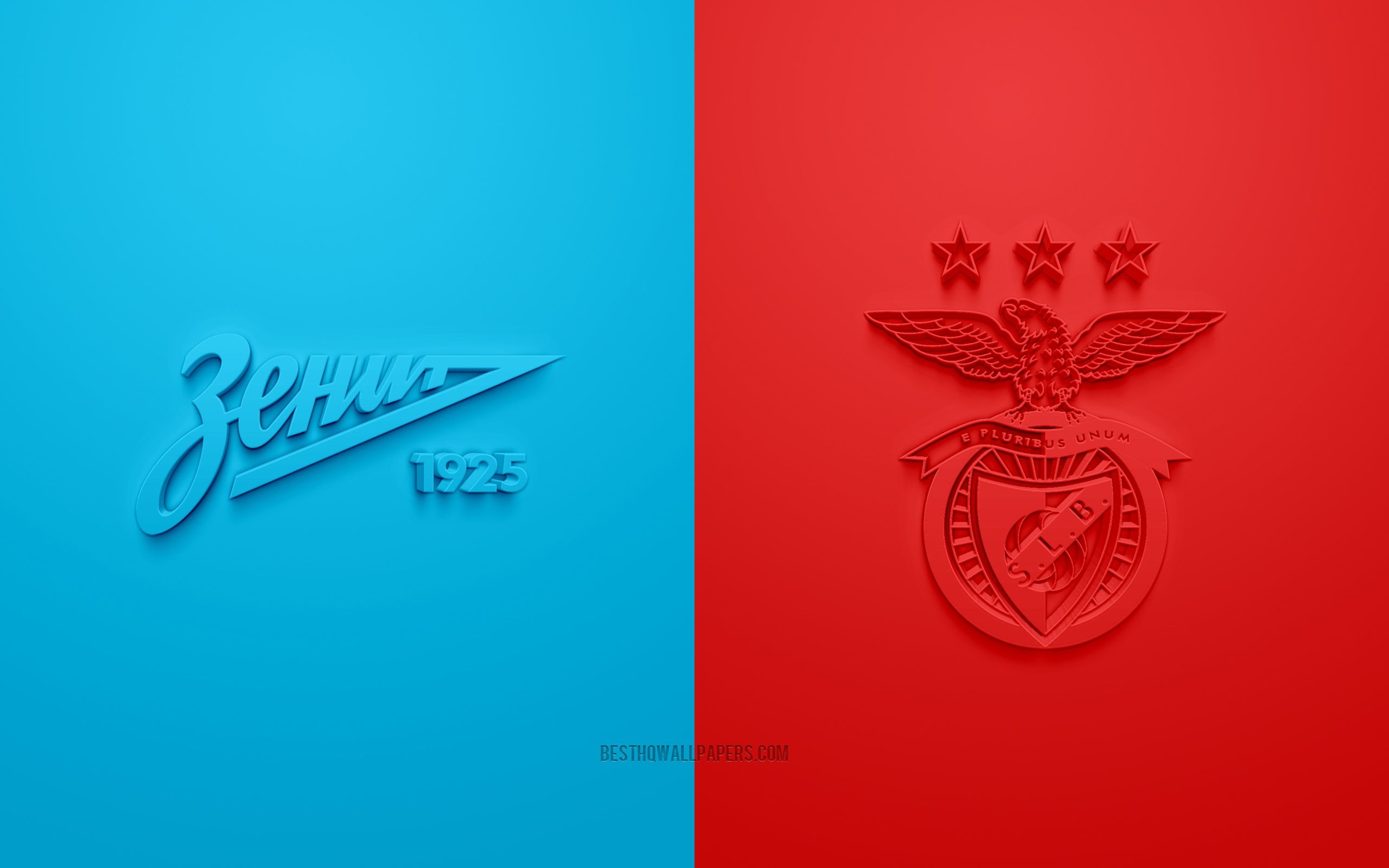 2560x1600 Download wallpaper FC Zenit vs SL Benfica, Champions League, promo, football match, Group G, UEFA, Europe, SL Benfica, FC Zenit Saint Petersburg, 3D art, 3D logo, Zenit vs Benfica for desktop, Desktop