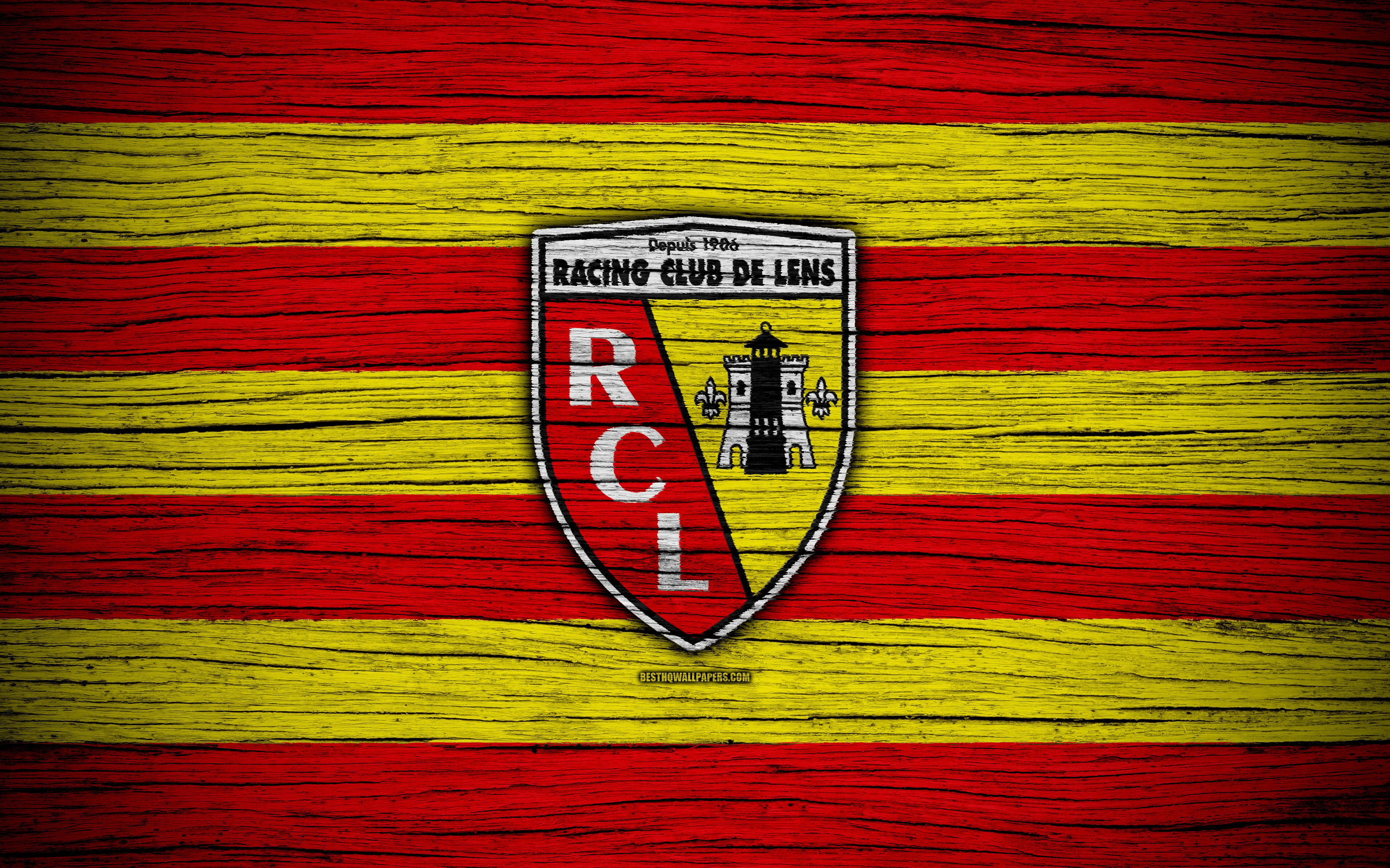 3840x2400 Download wallpaper Lens FC, 4k, Ligue football, wooden texture, France, RC Lens, soccer, football club, Liga FC Lens for desktop with resolution. High Quality HD picture wallpaper, Desktop