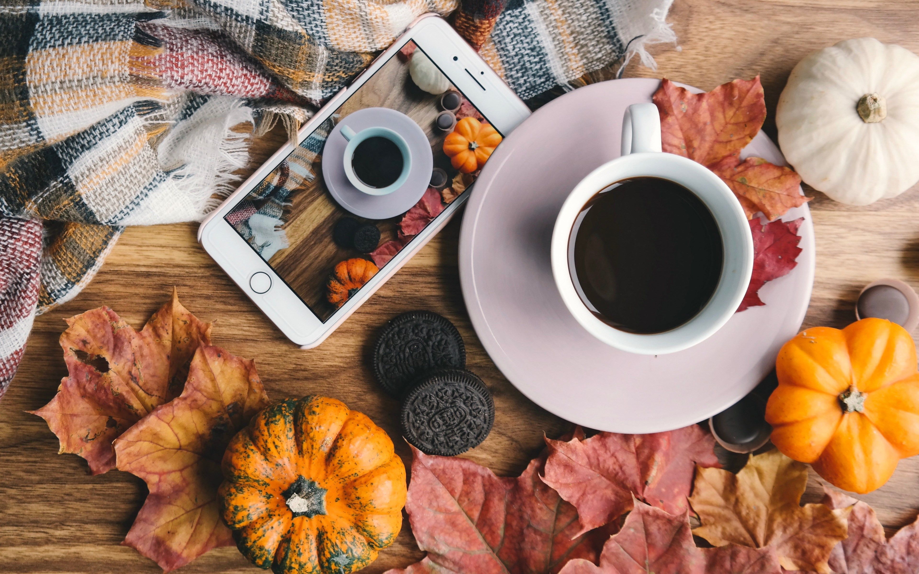 3840x2400 Download wallpaper: Autumn, coffee, pumpkins, leaves, Desktop