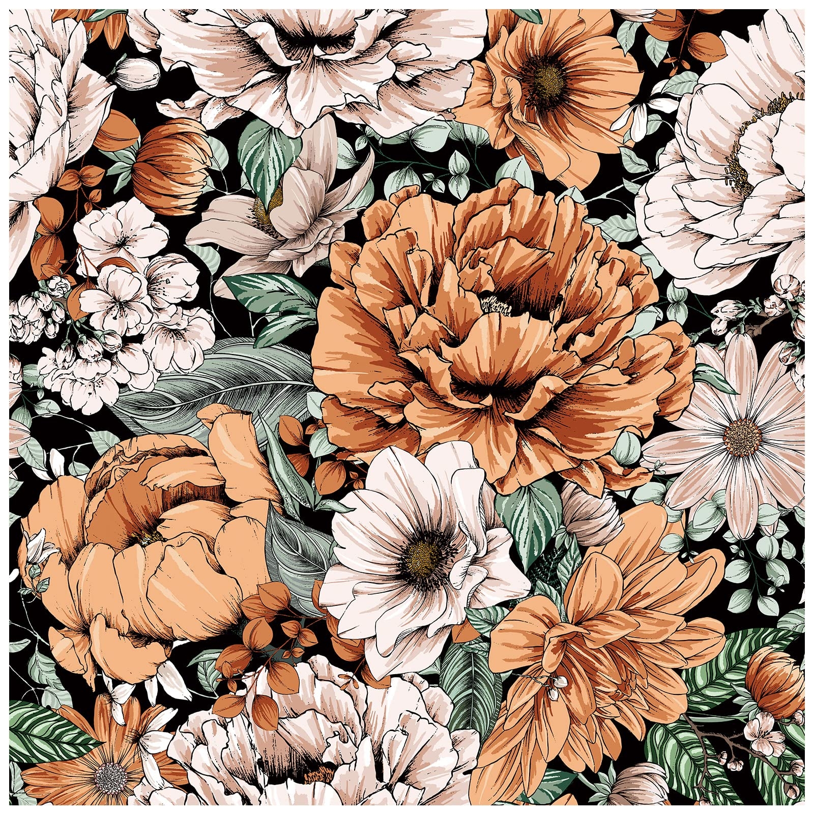 1600x1600 HAOKHOME 93191 Vintage Peel And Stick Floral Wallpaper Removable Large Peony Black Orange Pink Vinyl Self Adhesive Mural 17.7in X 32.8ft, Phone