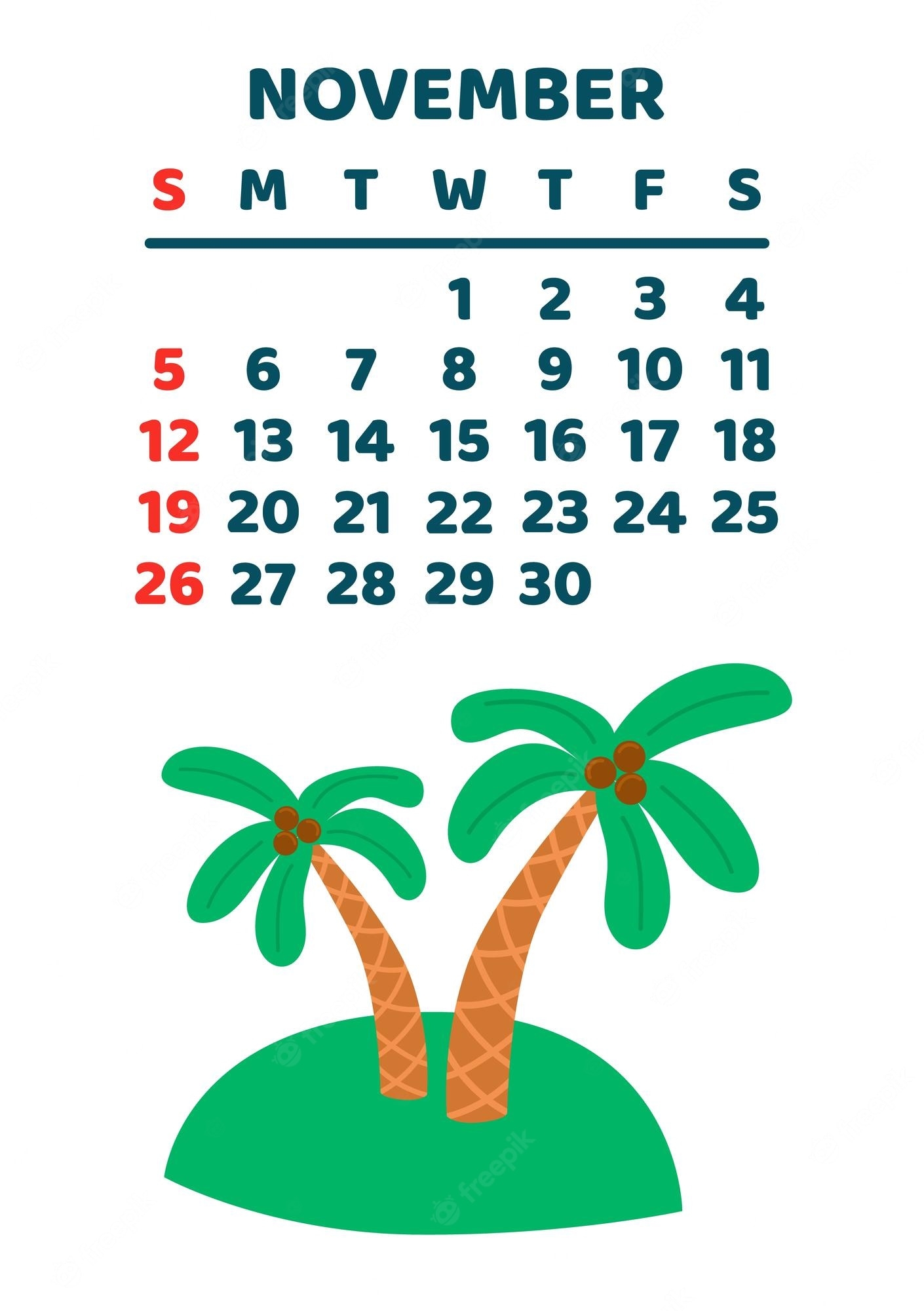 1410x2000 Premium Vector. November 2023 calendar page vector cartoon illustration with cute treasure island for print vertical layout white background, Phone