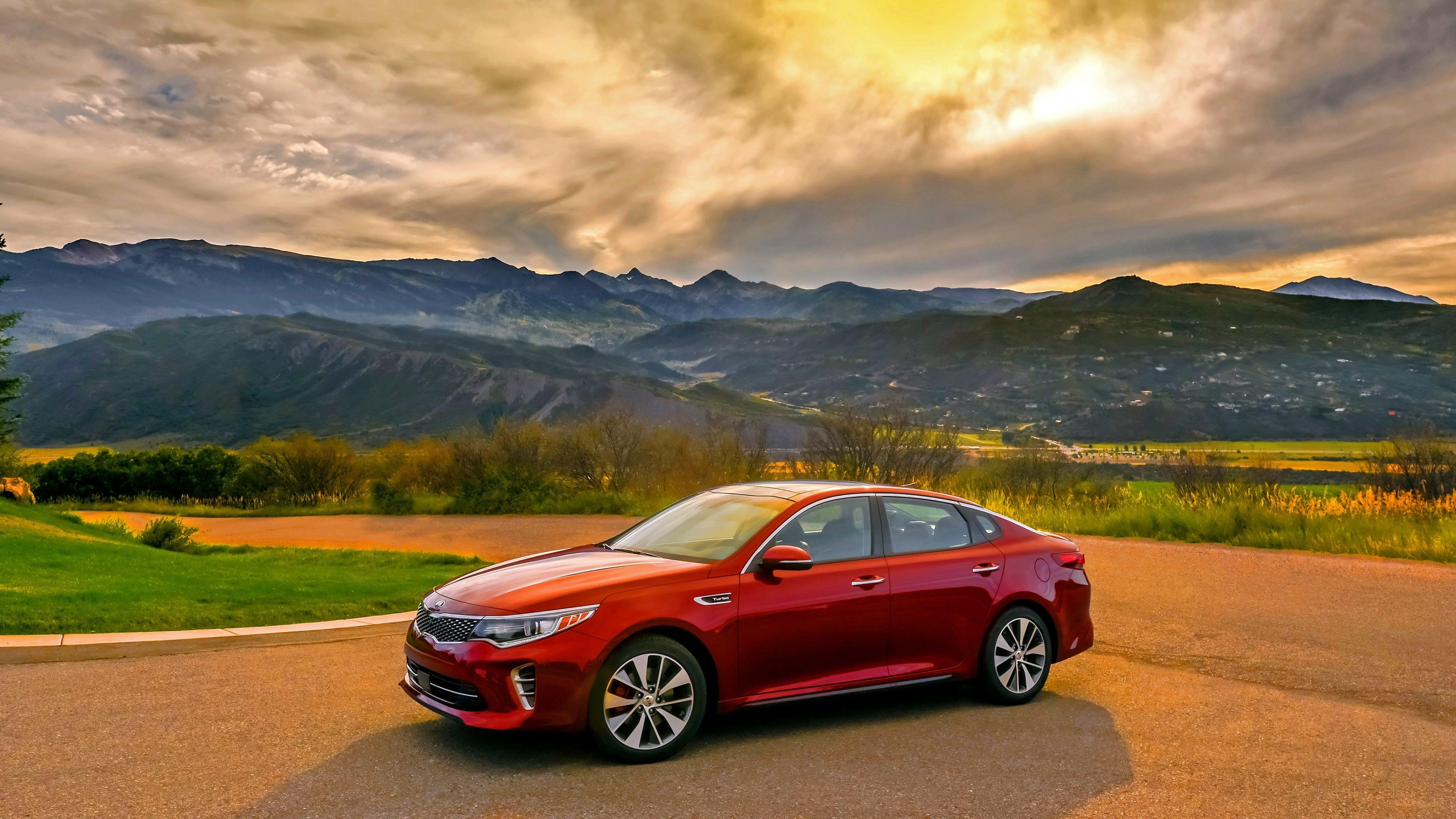 3840x2160 Download Wallpaper  Kia, Optima, Red, Side view, Mountains, Desktop