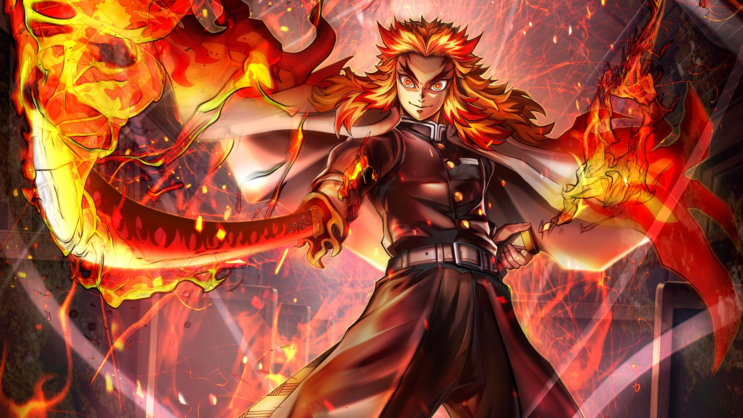 2560x1440 Kyojuro Rengoku Fire Background HD, Desktop