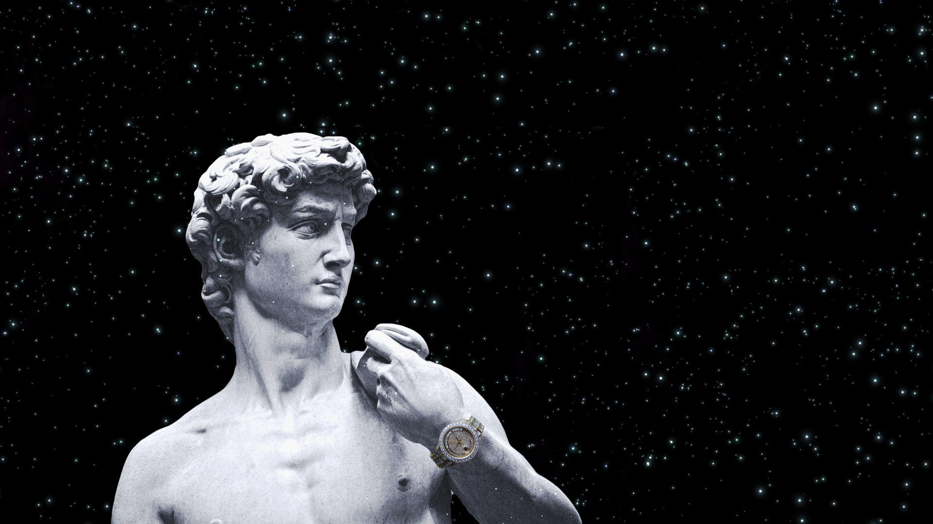 1920x1080 Wallpaper, space, stars, marble, Statue of David, Rolex, Gold Watch, light, darkness, black and white, monochrome photography, Desktop