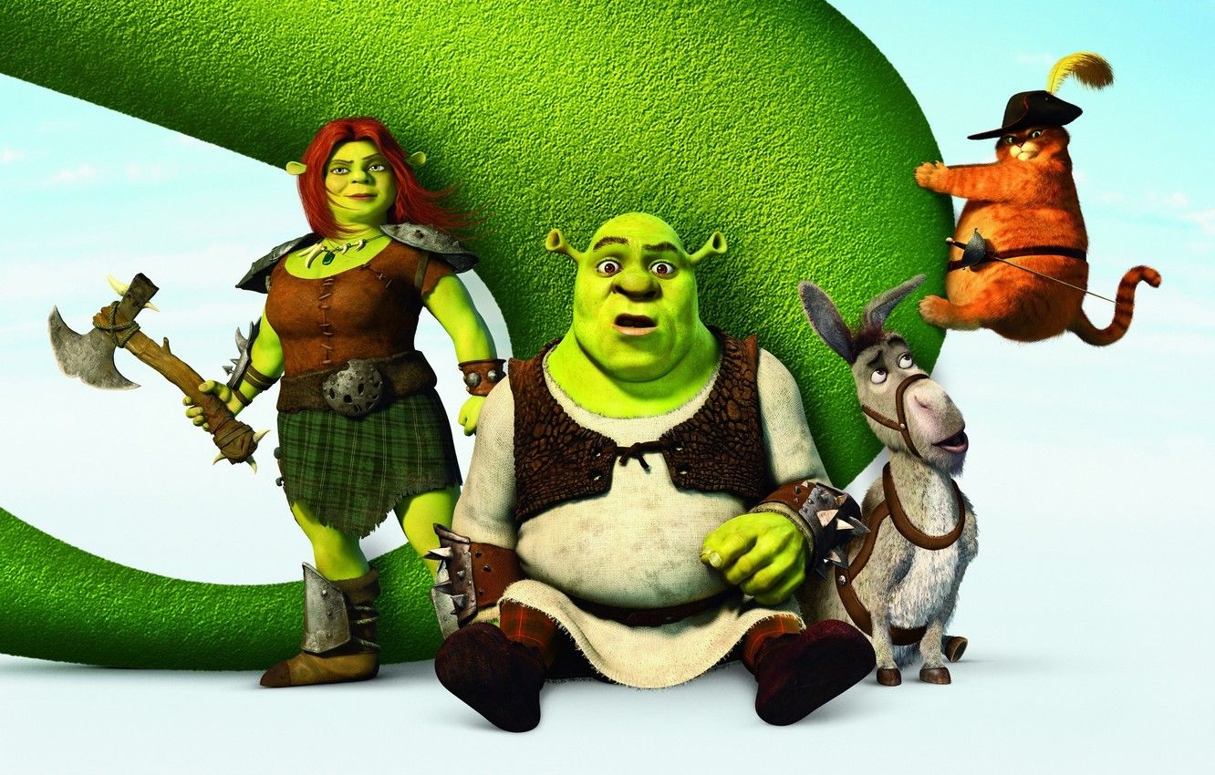 1340x850 Wallpaper Shrek, cartoon, hat, poster, Ogre, sword, puss in boots, donkey, Puss in Boots, Shrek, Donkey, Fiona, Princess Fiona, Shrek Forever After, Shrek forever after image for desktop, section фильмы, Desktop