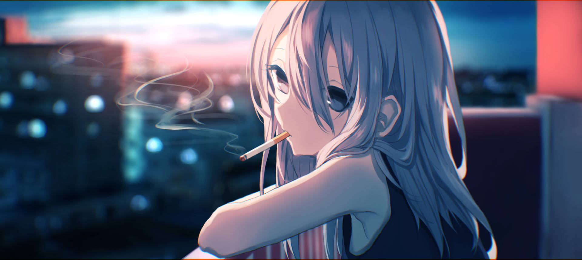 1920x860 Download Blue Haired Anime Girl Smoking Wallpaper, Dual Screen