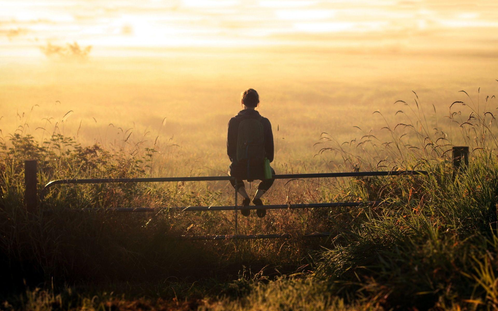 1920x1200 Girl Backpack Thinking Sunset Field Fence Moment Field Reeds Hd, Desktop