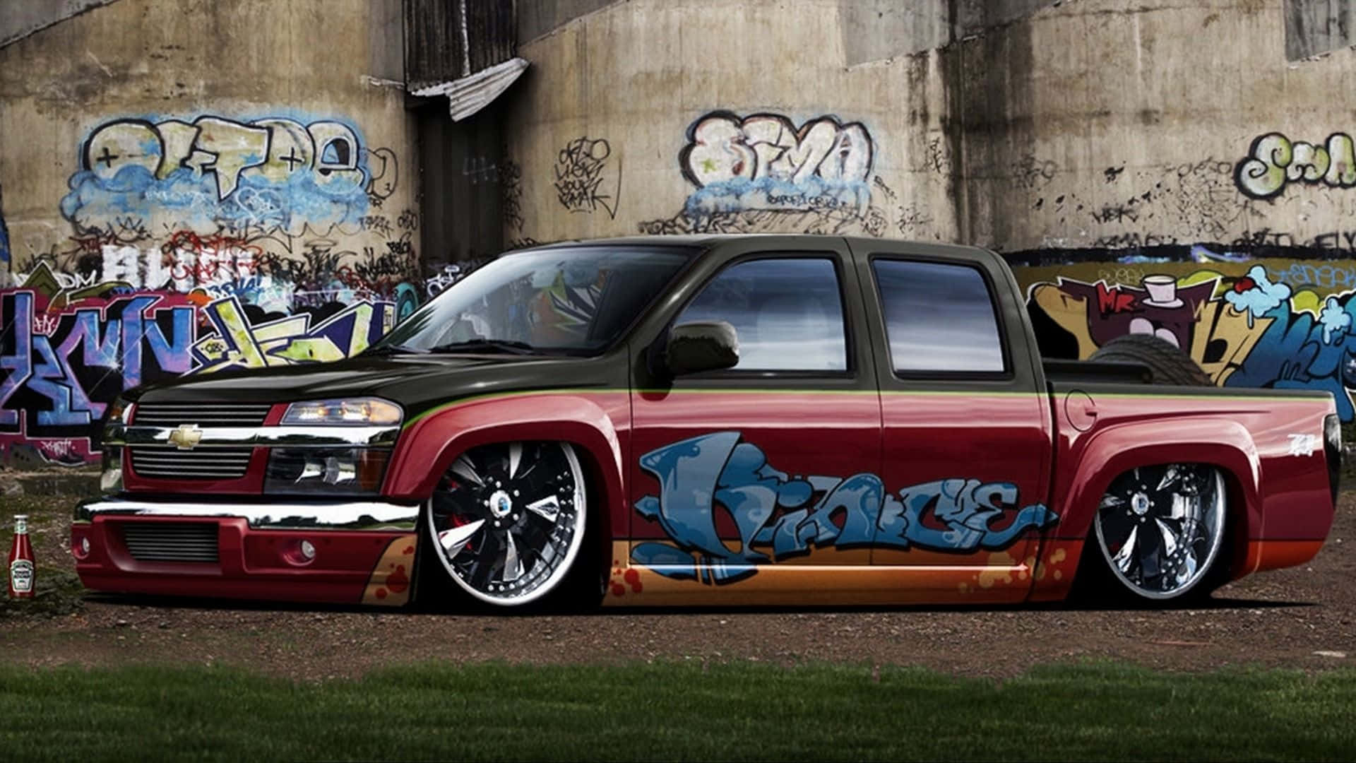 1920x1080 Download A Red And Black Truck With Graffiti On It Wallpaper, Desktop