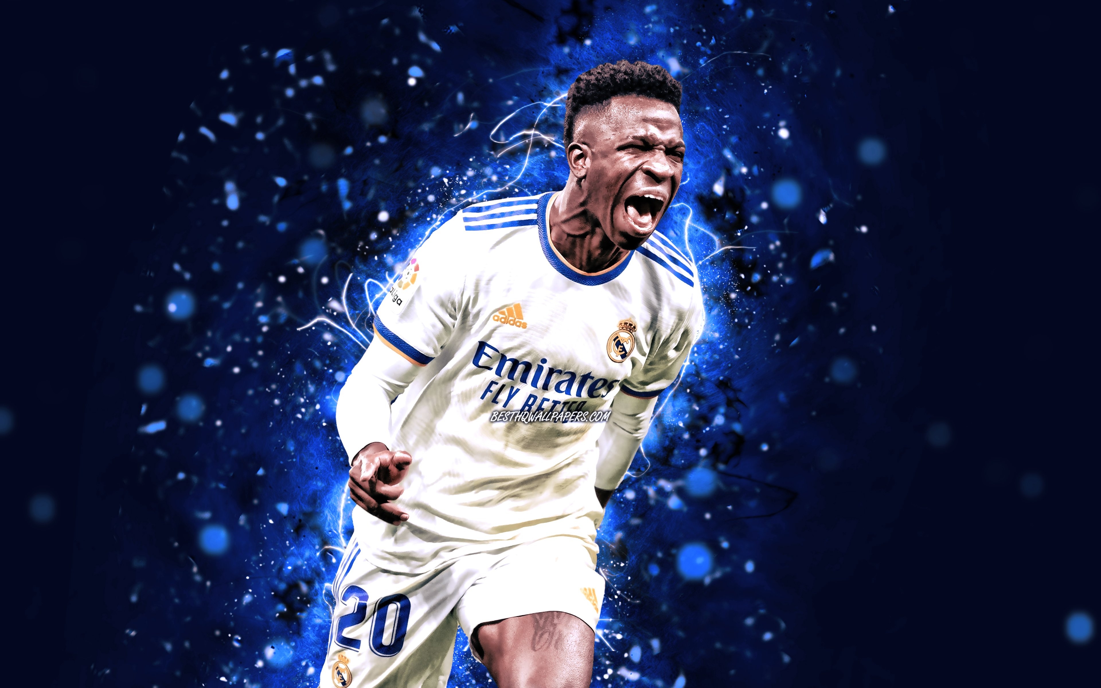 3840x2400 Download wallpaper 4k, Vinicius Junior, blue neon lights, Real Madrid CF, brazilian footballers, joy, La Liga, soccer, football, Real Madrid FC, Vinicius Junior Real Madrid, LaLiga, Vinicius Junior 4K for desktop with, Desktop