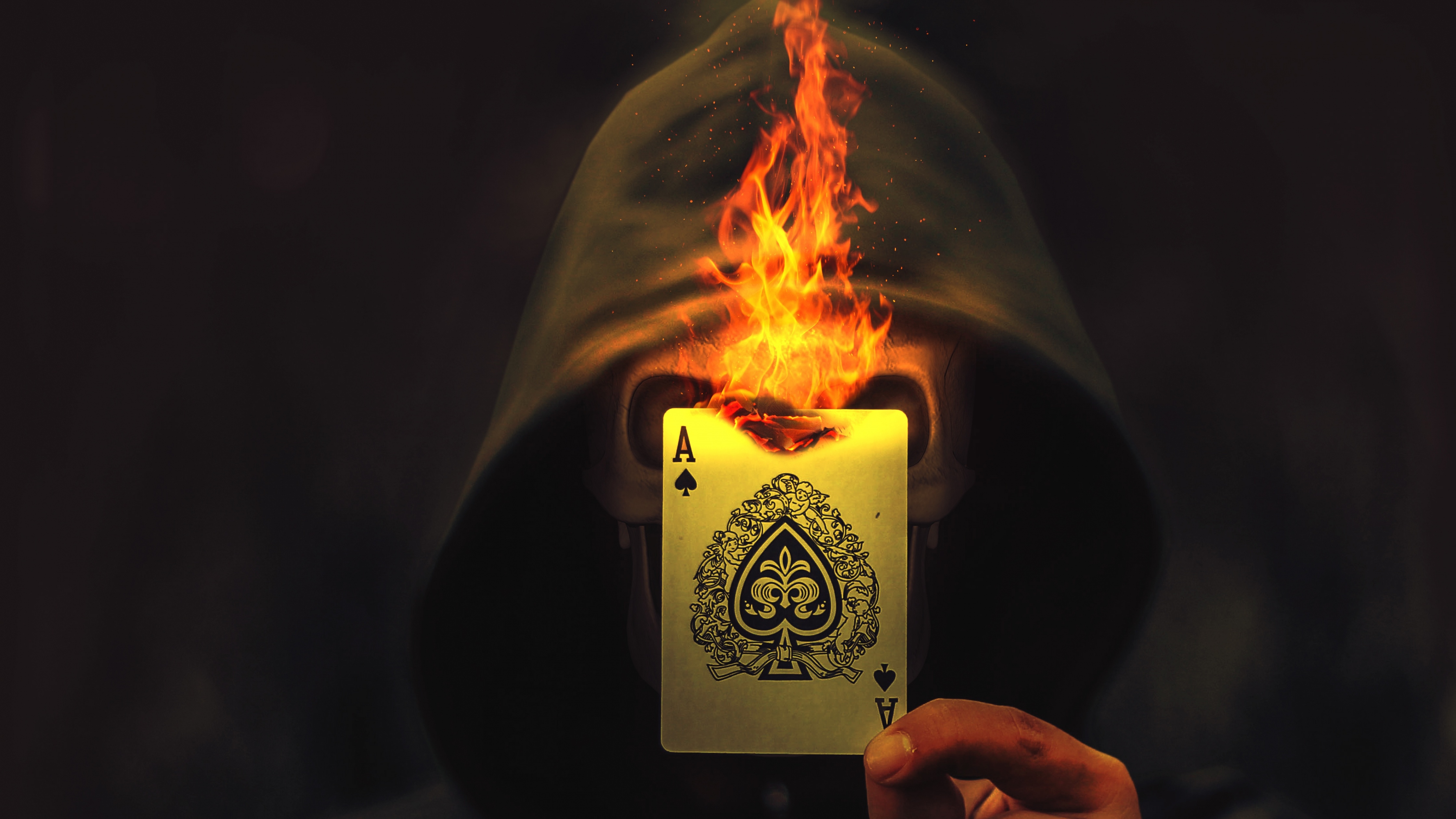 4480x2520 Ace of Spades Wallpaper 4K, Skull, Hoodie, Burning, Desktop