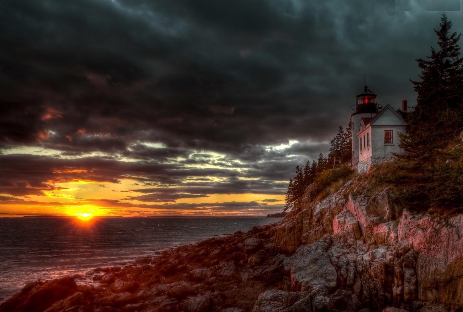 1600x1080 Bass Harbor Acadia National Park Sunset Clouds Cliff Fall Nature, Desktop