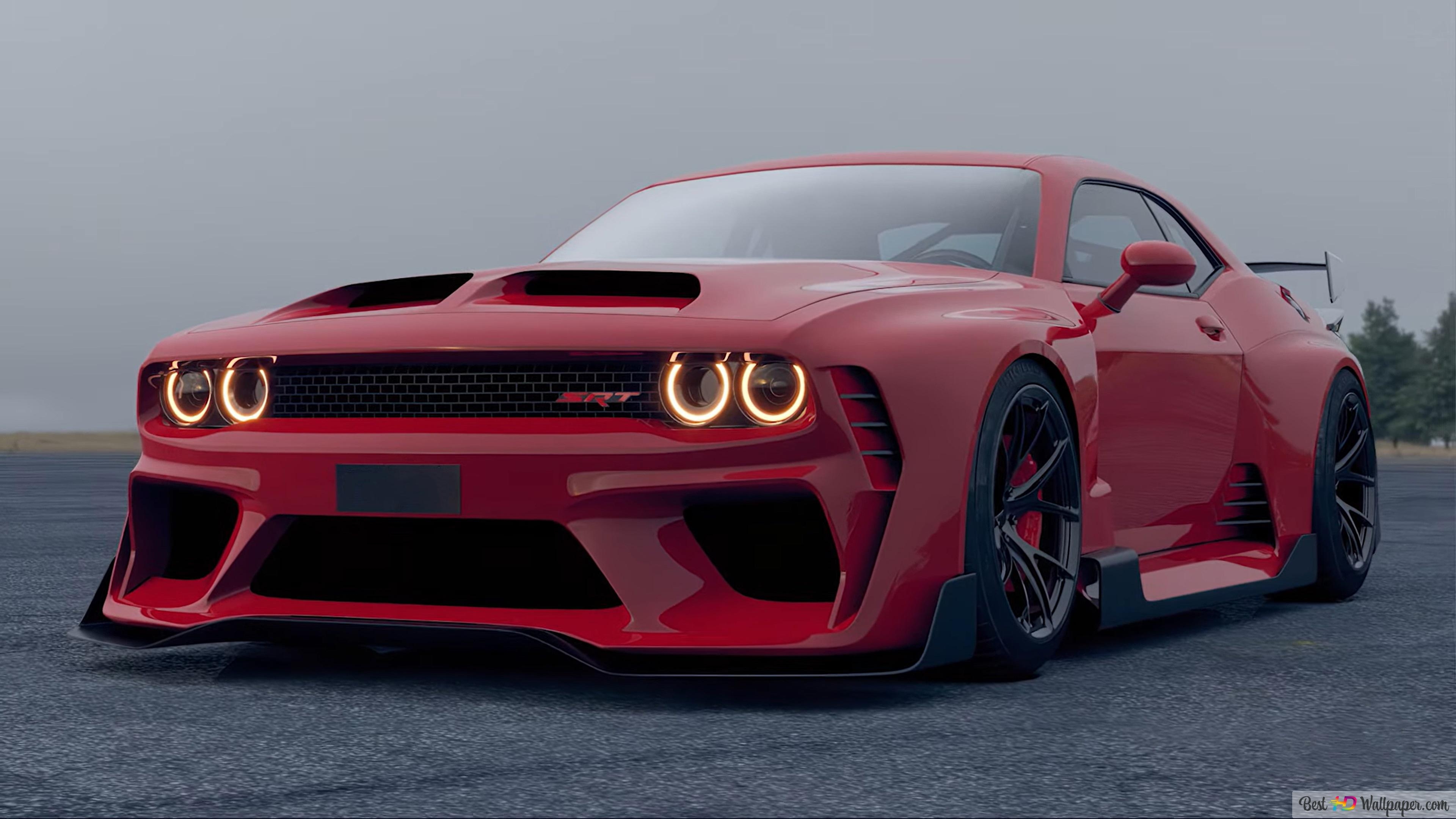 3840x2160 Red color dodge challenger with modified and black rims 4K wallpaper download, Desktop