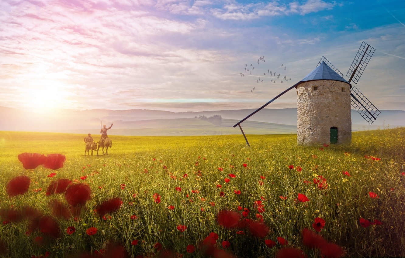 1340x850 Wallpaper field, flowers, Maki, mill, riders, Don Quixote, Sancho Panza image for desktop, section рендеринг, Desktop