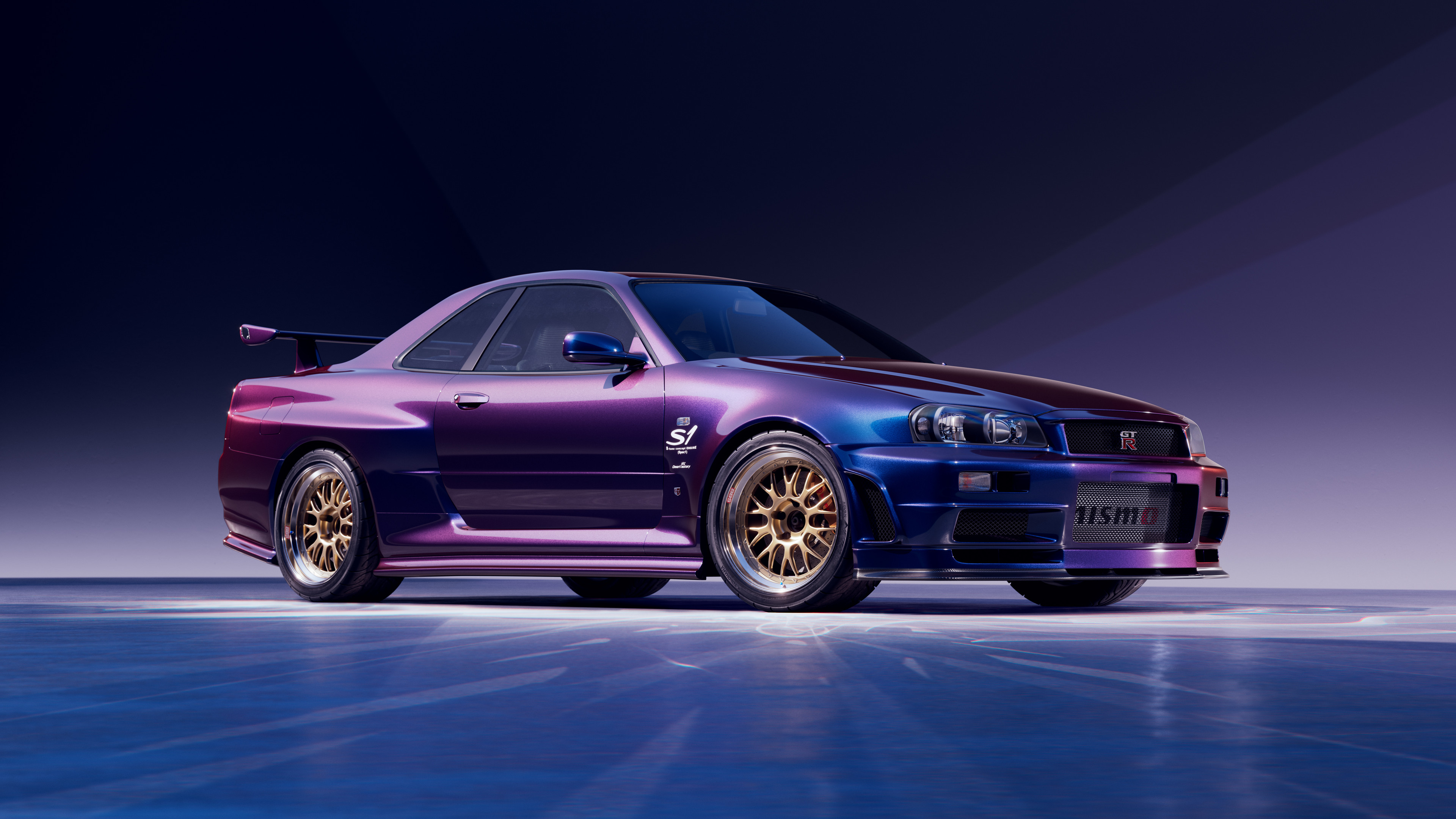 3840x2160 Wallpaper, vehicle, car, CGI, digital art, artwork, 4k, Greg Peruski, Nissan Skyline R Nissan Skyline GT R V Spec, blue cars, Japanese cars, Desktop