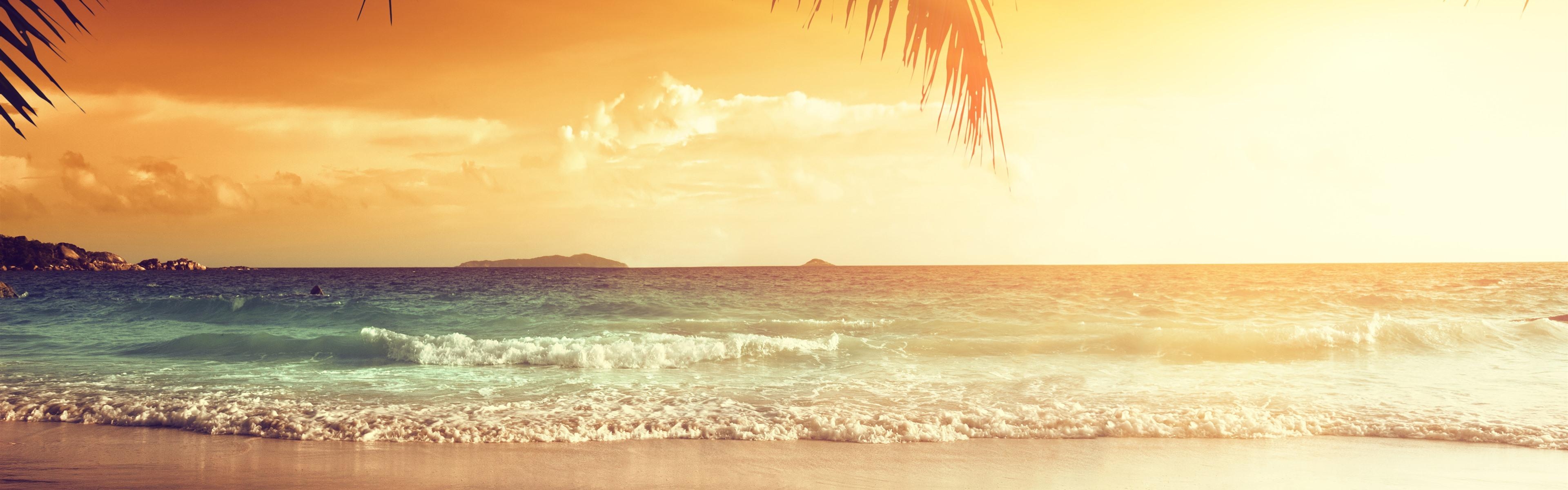 3840x1200 Wallpaper Beautiful sunset, palm tree leaves, beach, sea, tropical, Dual Screen