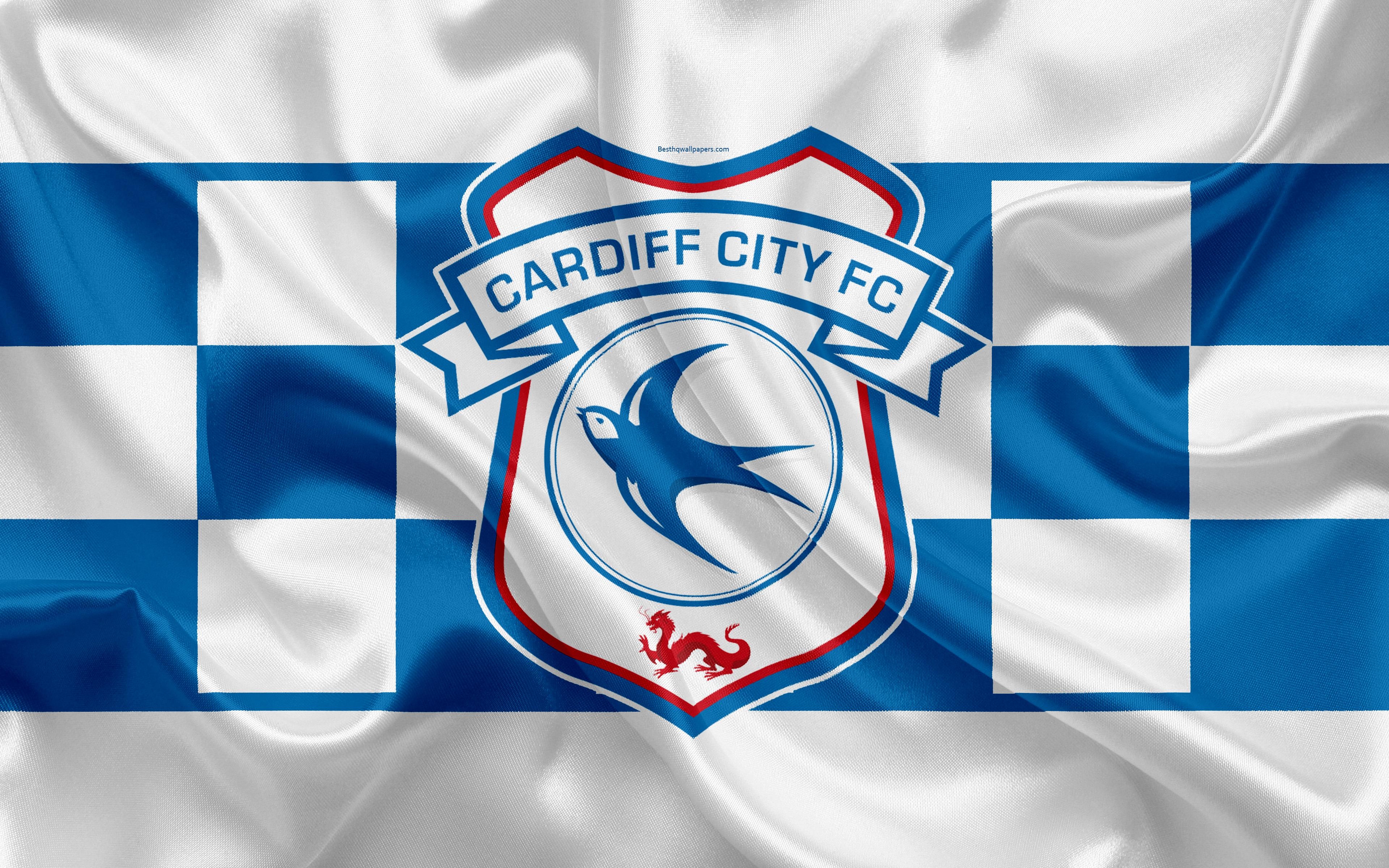 3840x2400 Download wallpaper Cardiff City FC, silk flag, emblem, logo, 4k, Desktop