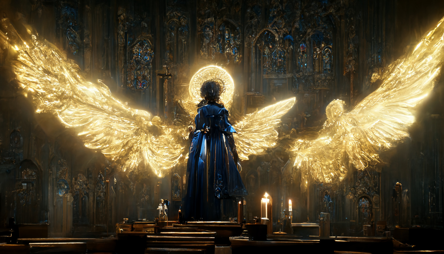 1800x1030 Ai Midjourney Ai Angel Church Artwork Original Characters Blue Dress Candles Wallpaper:, Desktop