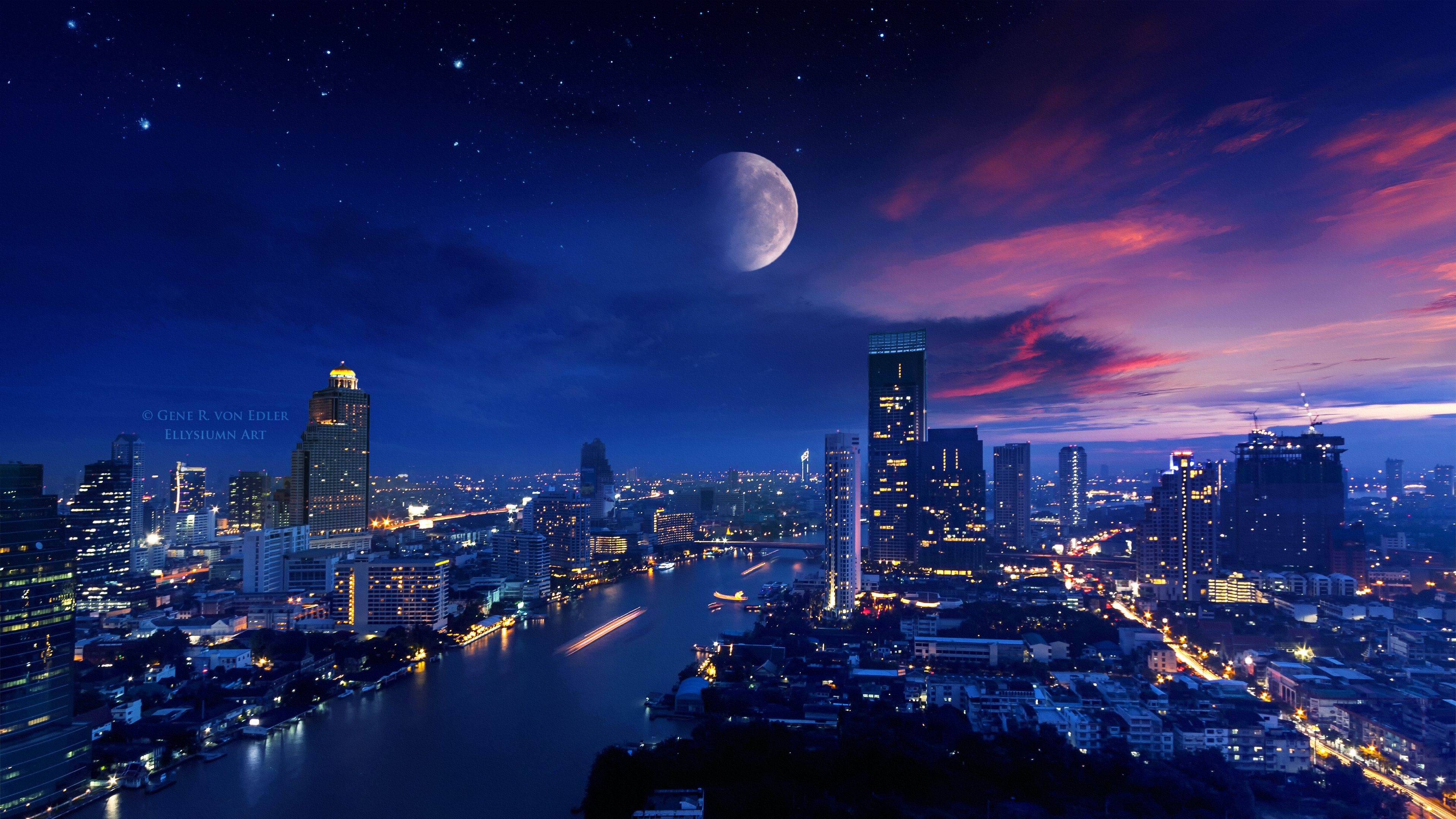 3840x2160 City Lights Moon Vibrant 4k, HD Photography, 4k Wallpaper, Image, Background, Photo and Picture, Desktop