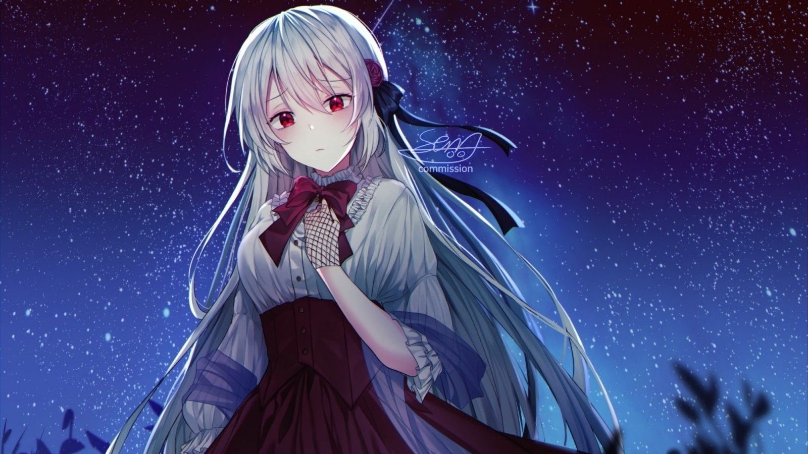 1600x900 Download  Sadness, Anime Girl, Sad Expression, Stars, Night, Red Eyes, Gray Hair Wallpaper, Desktop