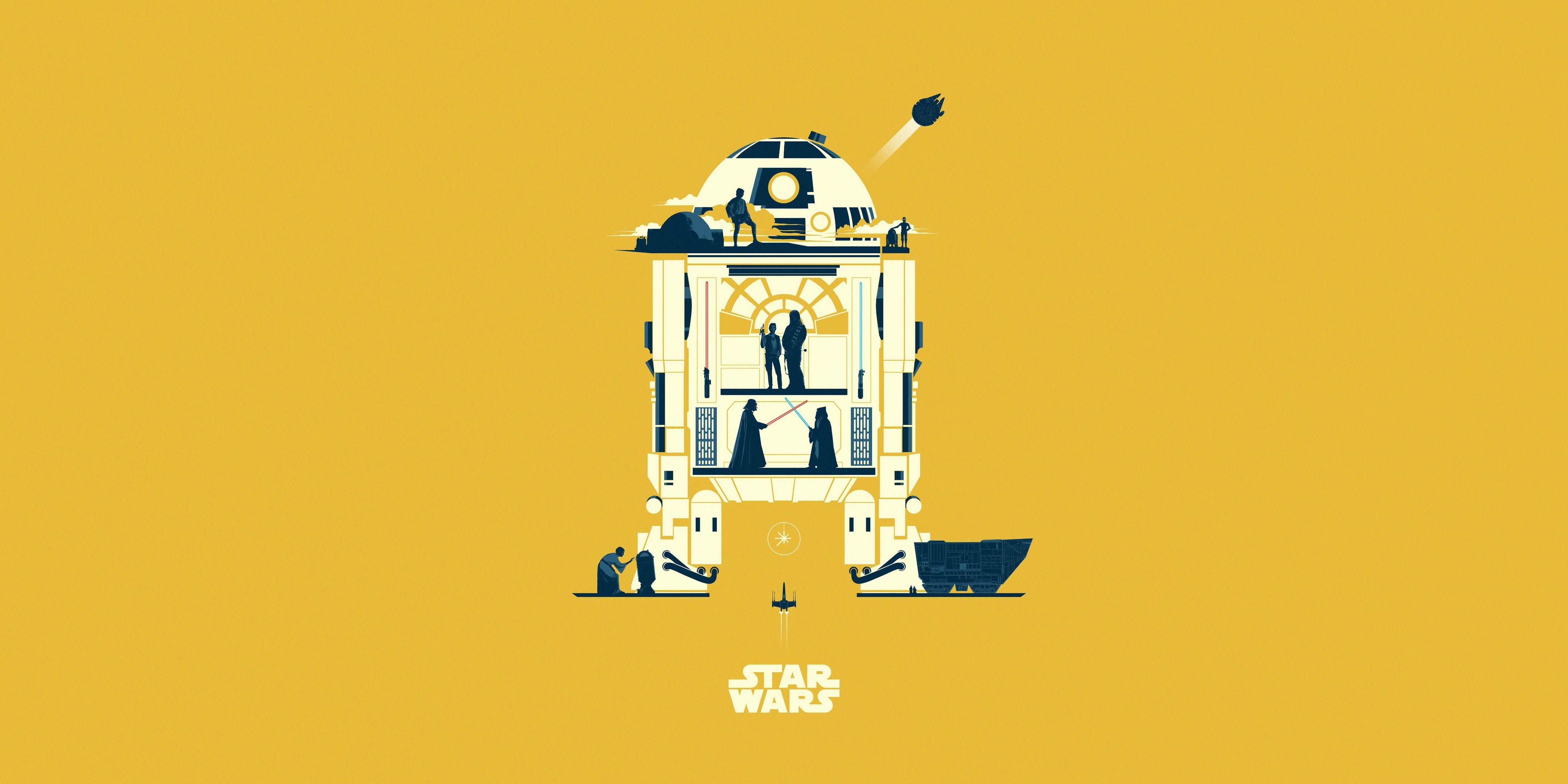 5000x2500 R2 D2 Star Wars Minimalist Wallpaper, HD Minimalist 4K Wallpaper, Dual Screen