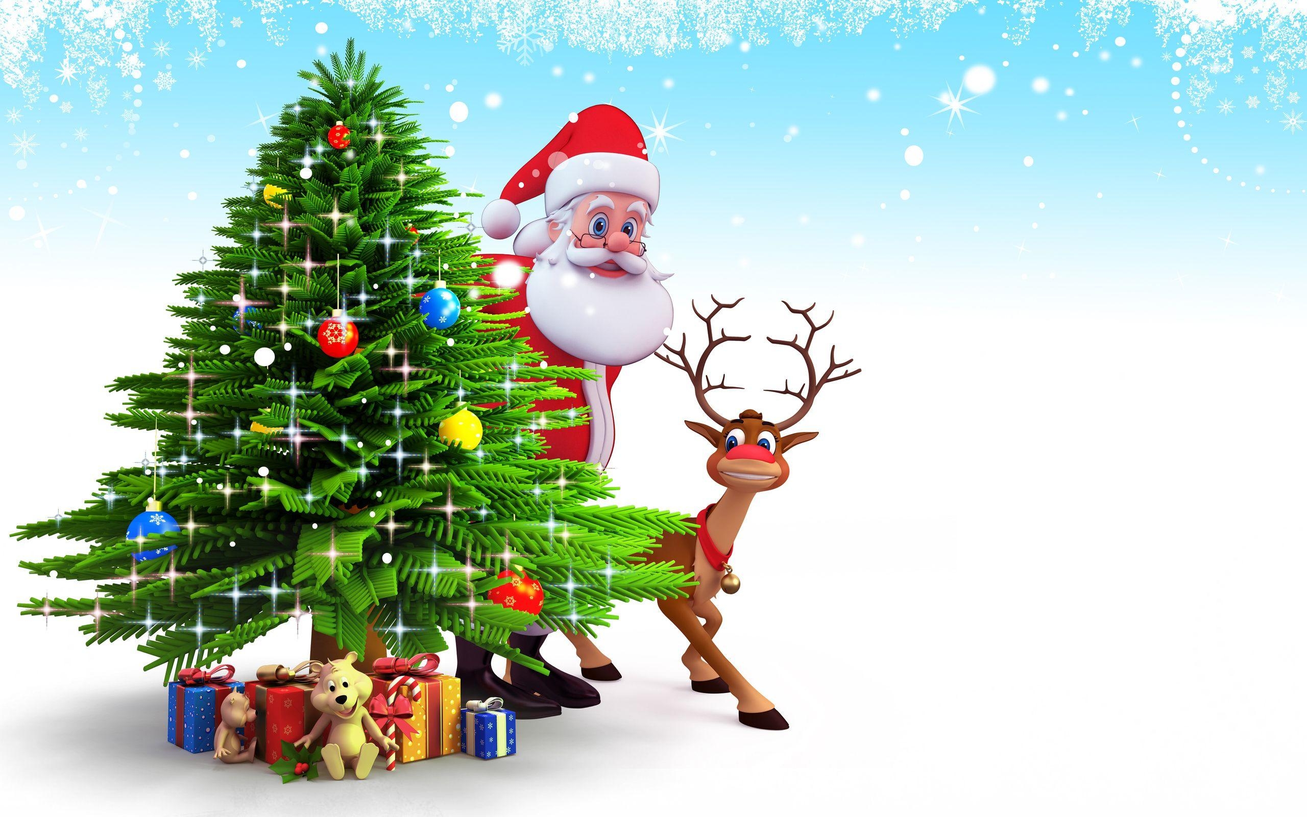 2560x1600 Santa Claus And Reindeer behind christmas tree and gifts, Desktop