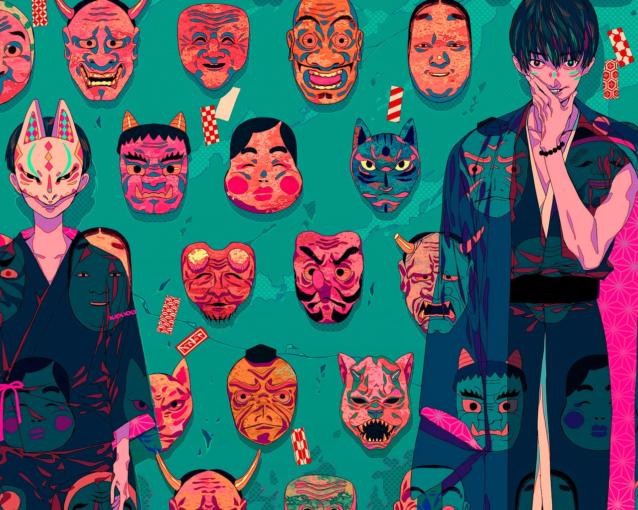 1280x1030 Wallpaper Akiakane, Oni Mask, Japan, Samurai, Green Background • Wallpaper For You, Desktop