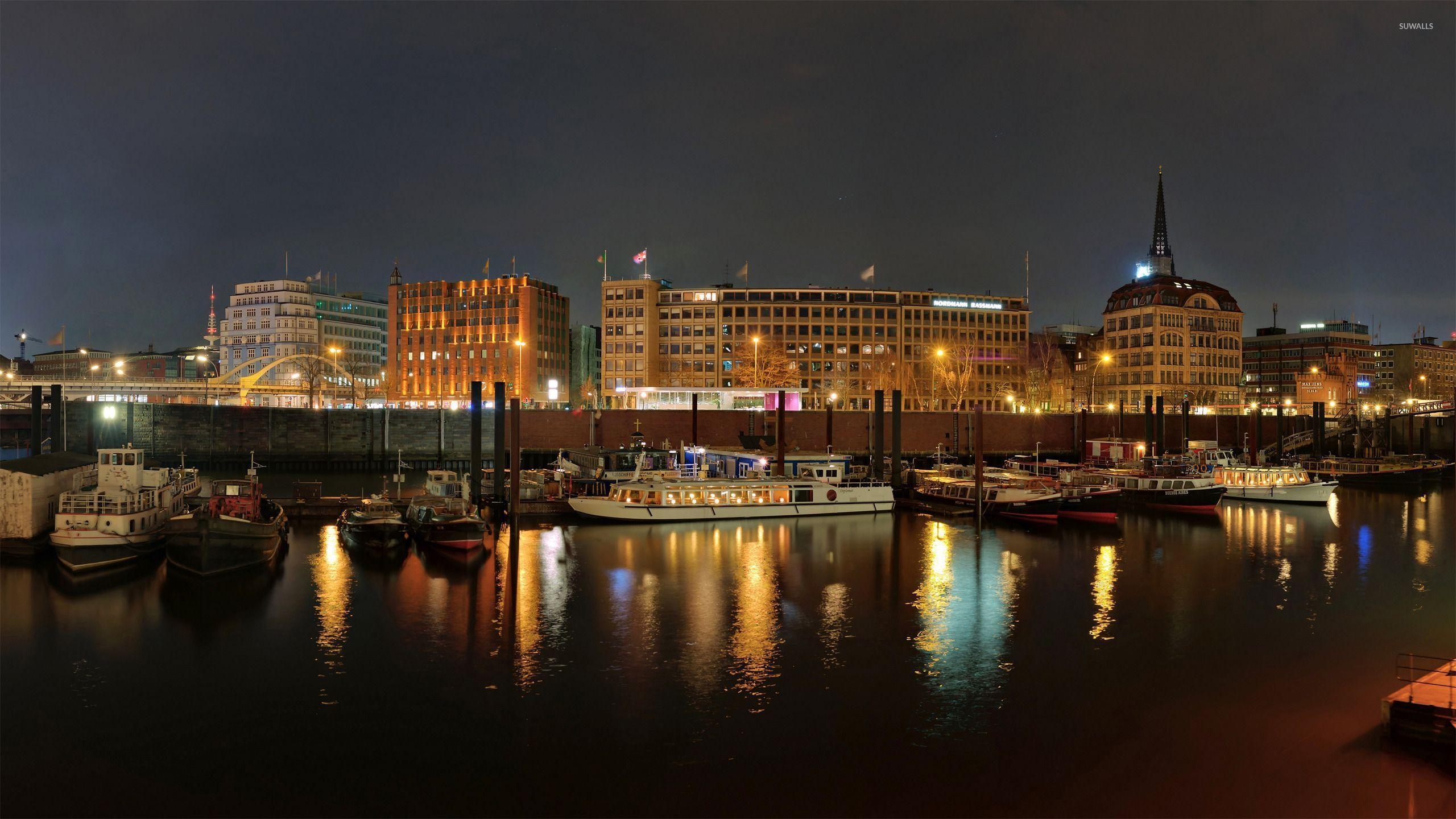 2560x1440 Hamburg harbour at night wallpaper wallpaper, Desktop