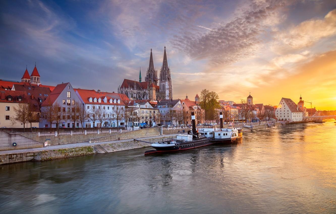 1340x850 Wallpaper the sky, sunset, river, building, home, Germany, Bayern, Desktop