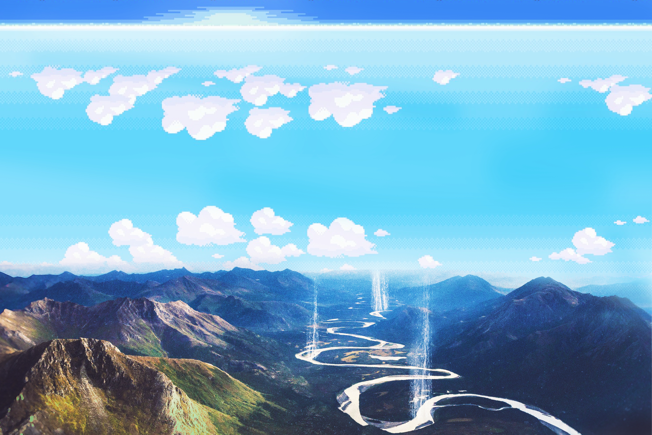 2200x1470 Landscape, Gravity, Pokémon, Sky, Cyan, Mountains, 16 Bit, 8 Bit HD Wallpaper, Desktop