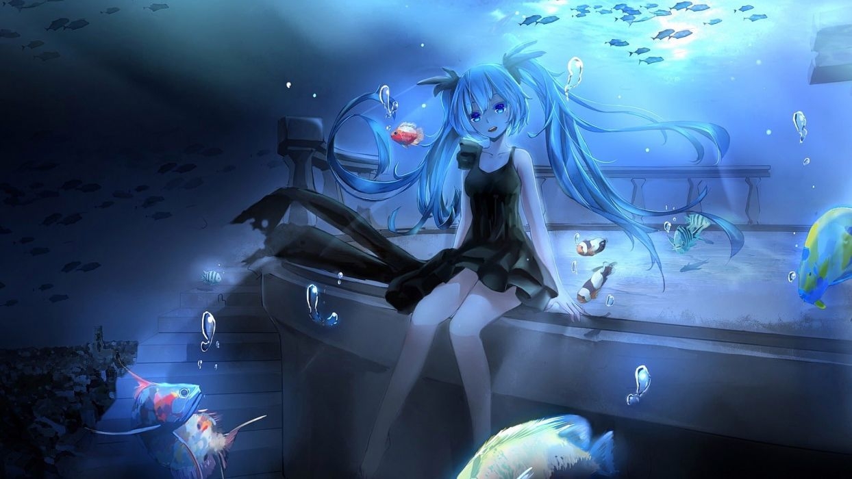 1250x700 Anime girls Vocaloid Hatsune Miku water fish underwater wallpaperx1080, Desktop