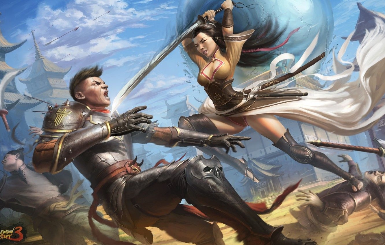 1340x850 Wallpaper girl, weapons, the game, armor, art, guy, Shadow fight 3, Desktop