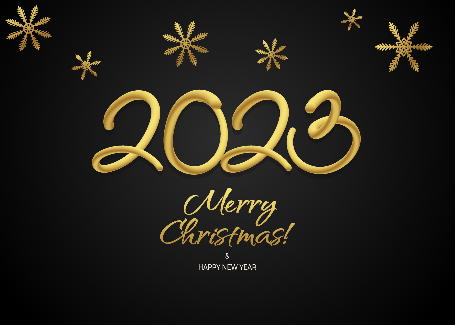 1920x1380 Happy new year 3D 2023 greeting wallpaper vector. Merry Christmas design greeting text with christmas decor elements such as a snowflakes on a black background with luxury gold. Vector Art, Desktop