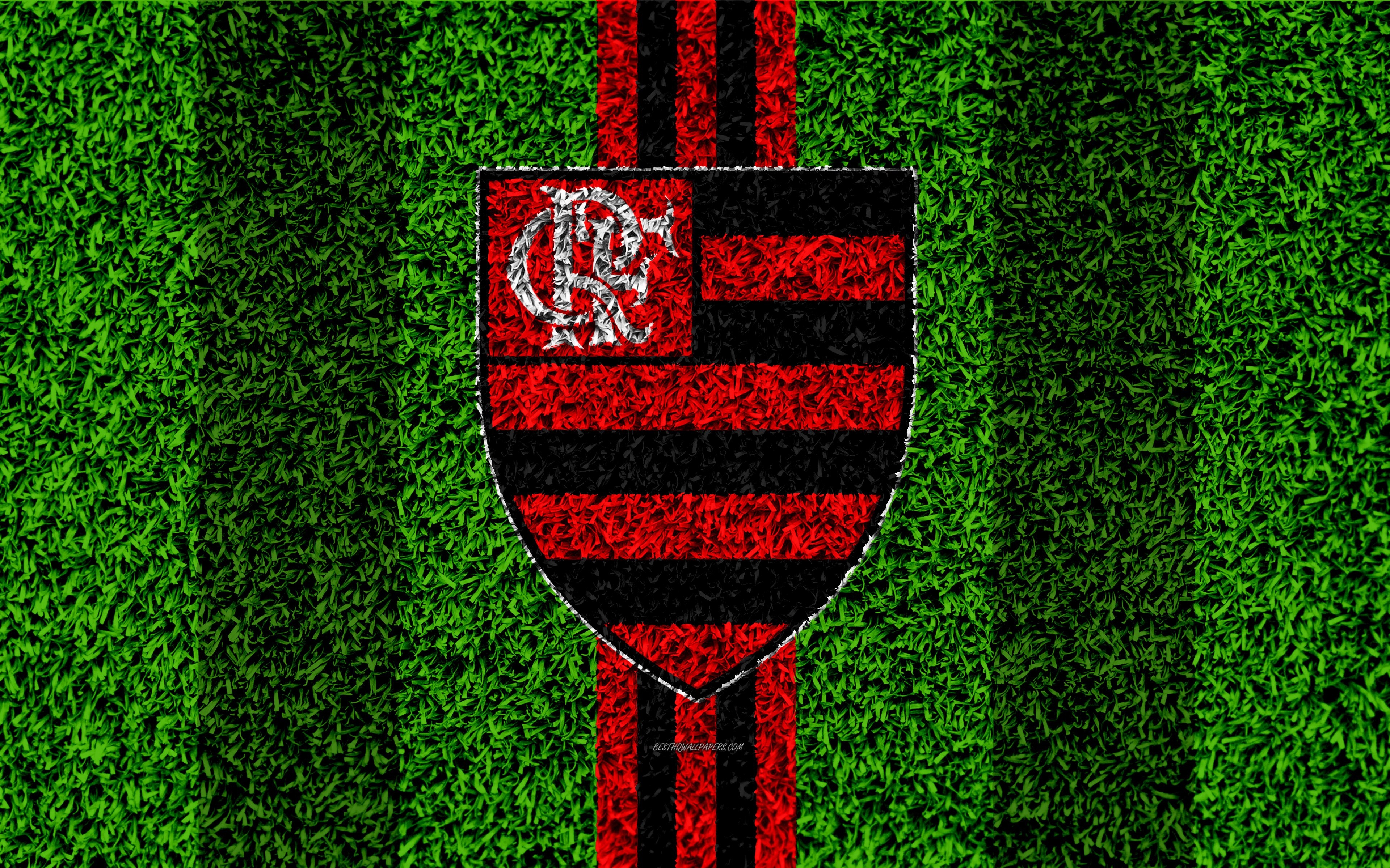 3840x2400 Download wallpaper Flamengo RJ FC, Clube de Regatas do Flamengo, 4k, football lawn, logo, Brazilian football club, emblem, red black lines, Serie A, Rio de Janeiro, Brazil, Campeonato Brasileiro, Brazilian Championship A, Desktop