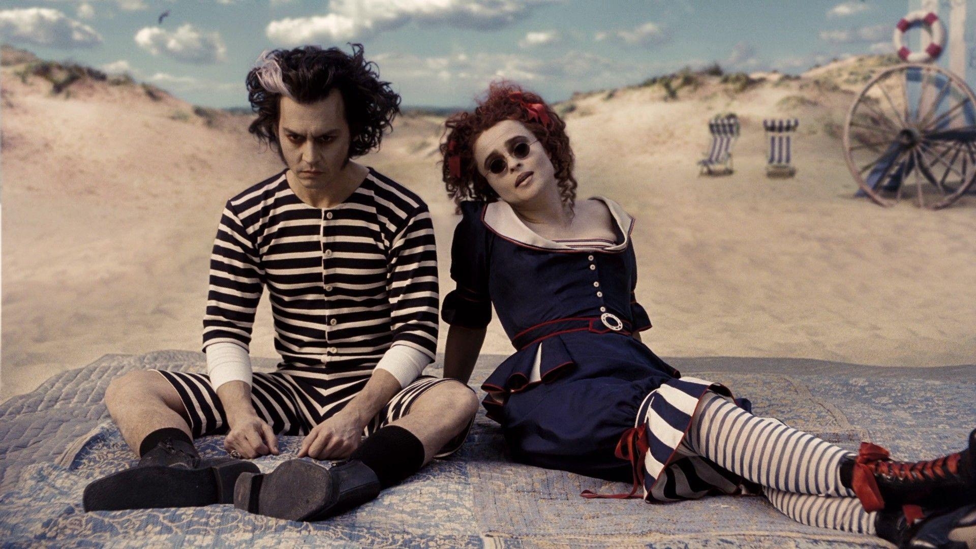 1920x1080 Helena Bonham Carter, Johnny Depp, Sweeney Todd, sand, movies, Desktop