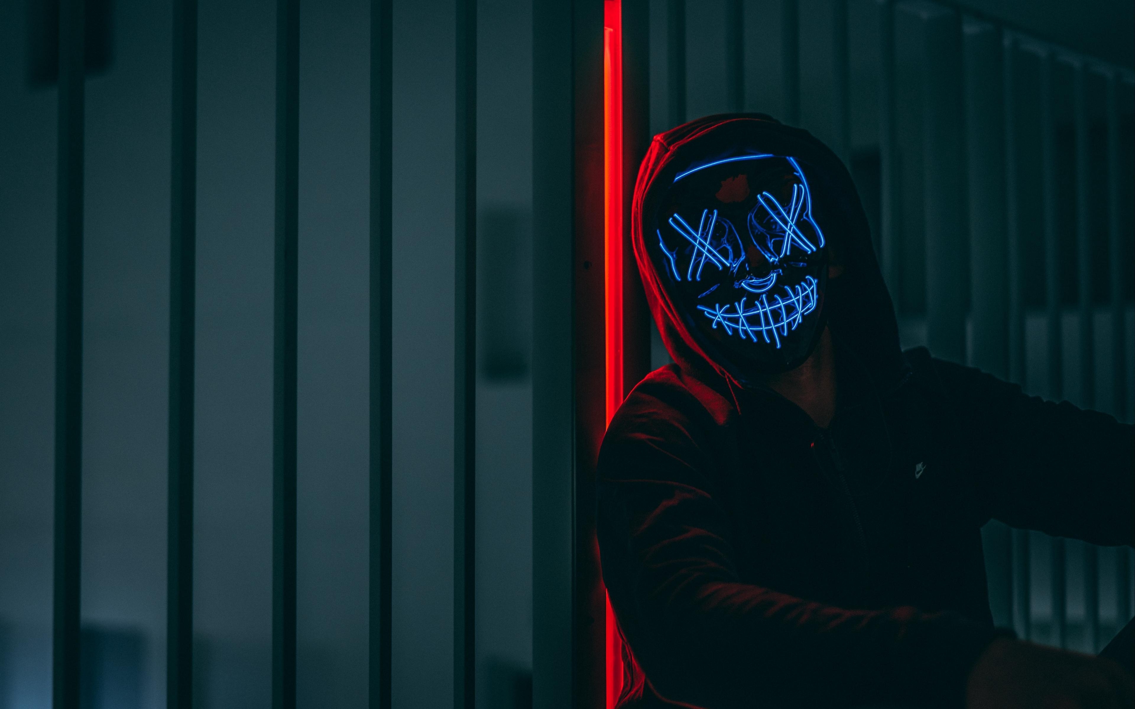 3840x2400 Download wallpaper  mask, hood, neon, anonymous, glow 4k, Desktop