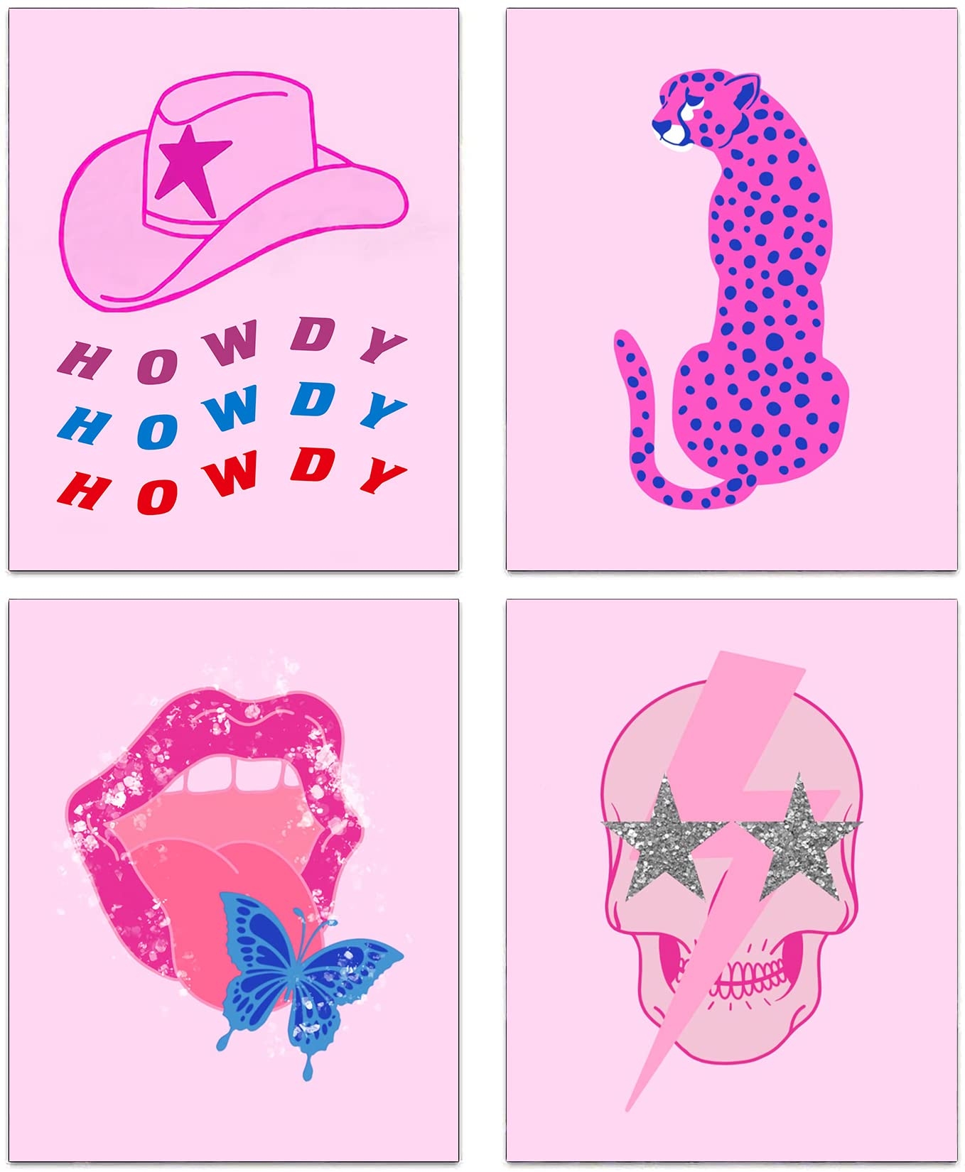 1360x1650 Pink Aesthetic Poster Preppy Room Decor, Cowgirls Hat Leopard Skull Lip Canvas Wall Art, Fashion Female Wall Art Painting for Teen Girls Bedroom College Dorm Room Decor, Set of 4-(8x10 Unframed), Phone