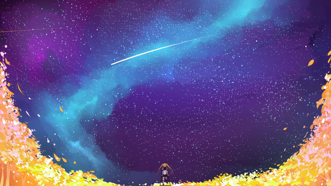 1370x770 Download  Anime Girl, Space, Stars, Galaxy, Falling Stars, Desktop