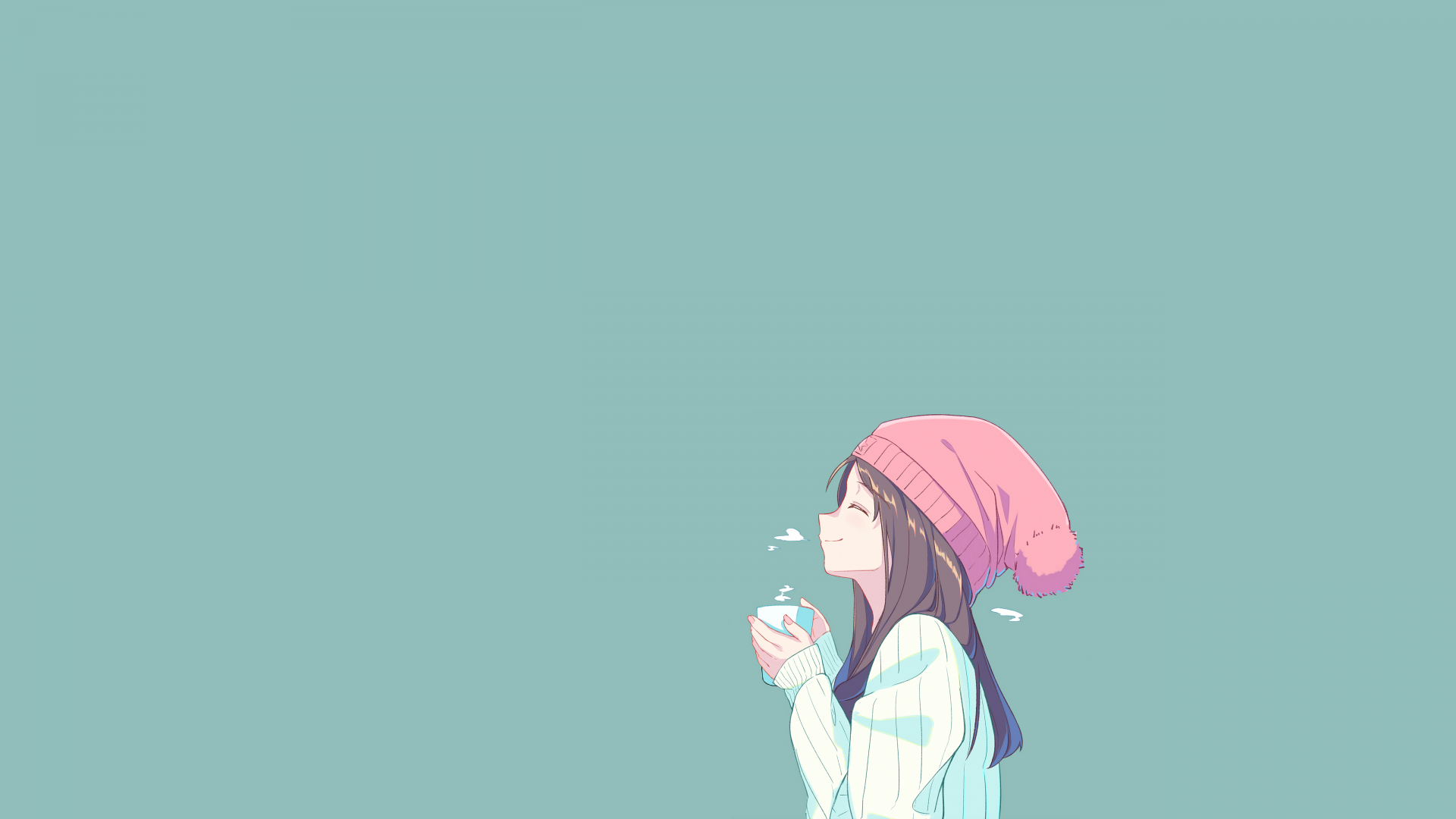 1920x1080 Download  Cute Anime Girl, Smiling, Profile View, Coffee, Beanie, Brown Hair Wallpaper for Widescreen, Desktop