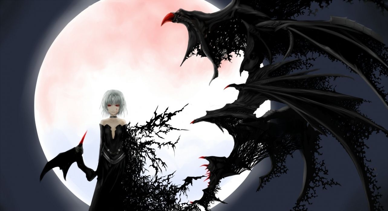 1290x700 Creepy anime girl albino wings moon background wallpaper, Desktop