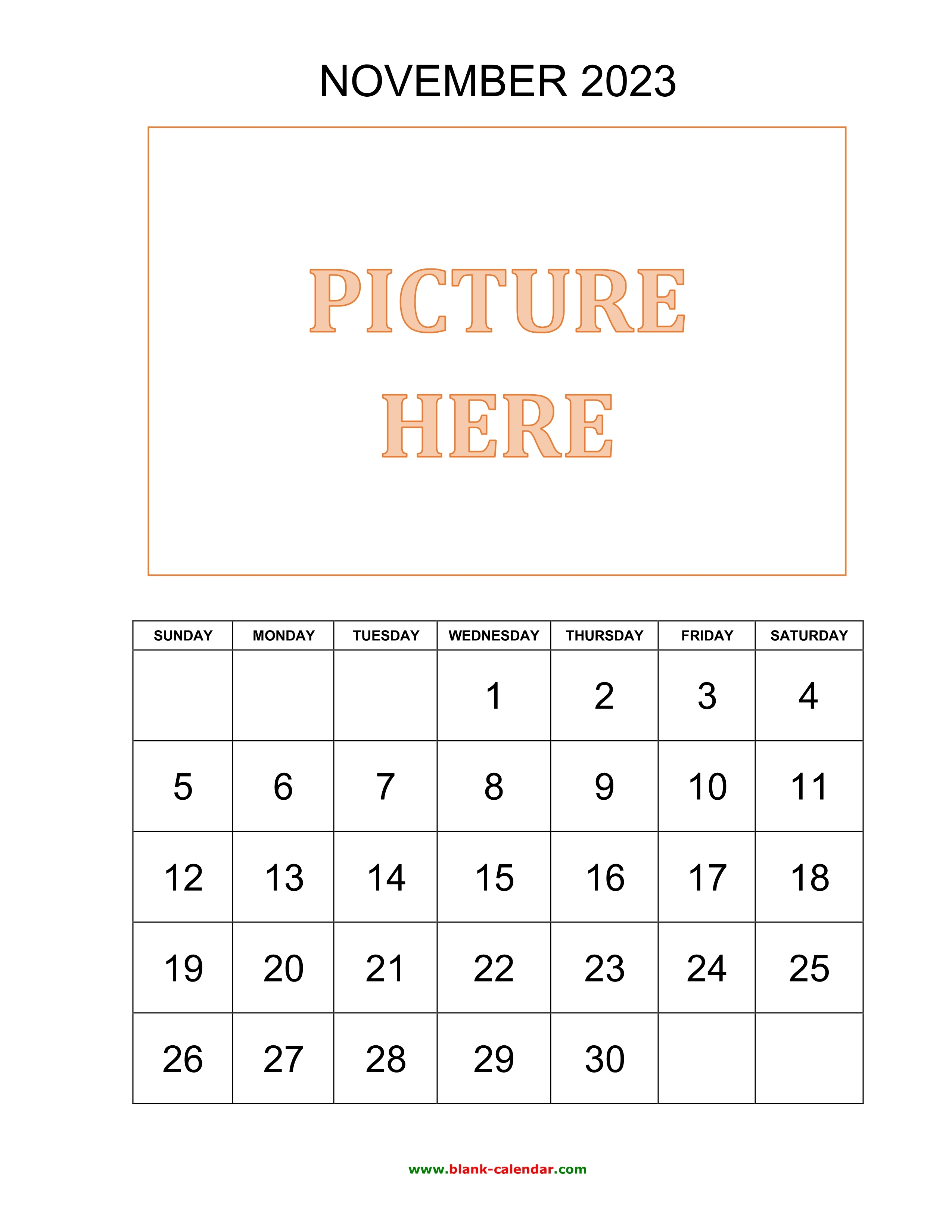 2550x3300 Free Download Printable November 2023 Calendar, picture can be placed, Phone