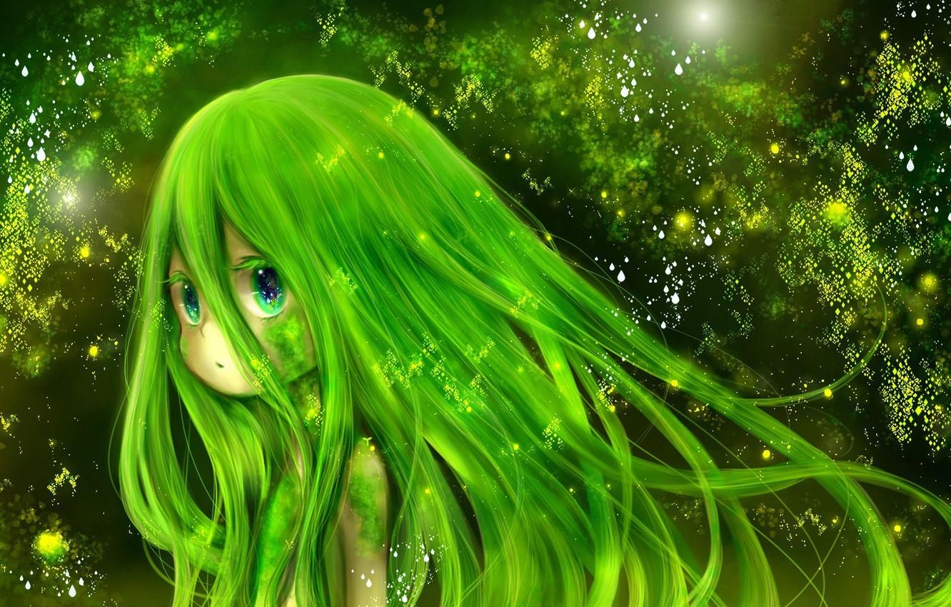 1340x850 Wallpaper green, kawaii, girl, fantasy, nature, anime, beautiful, pretty, cute, vegetation, sugoi, green hair, deredere, subarashii, moe image for desktop, section арт, Desktop