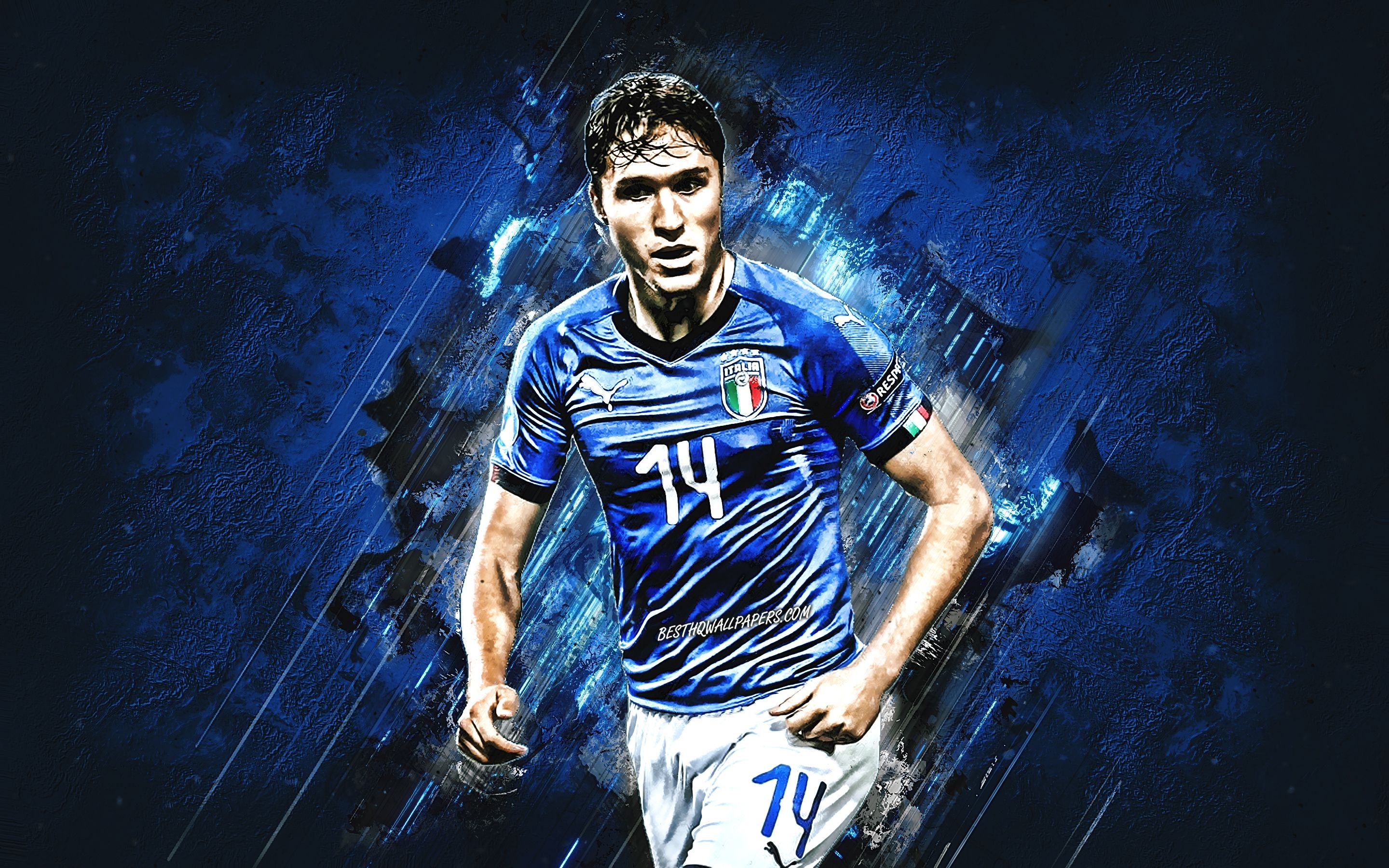 2880x1800 Download wallpaper Federico Chiesa, Italy national football team, italian soccer player, portrait, blue stone background, Italy, football for desktop with resolution. High Quality HD picture wallpaper, Desktop