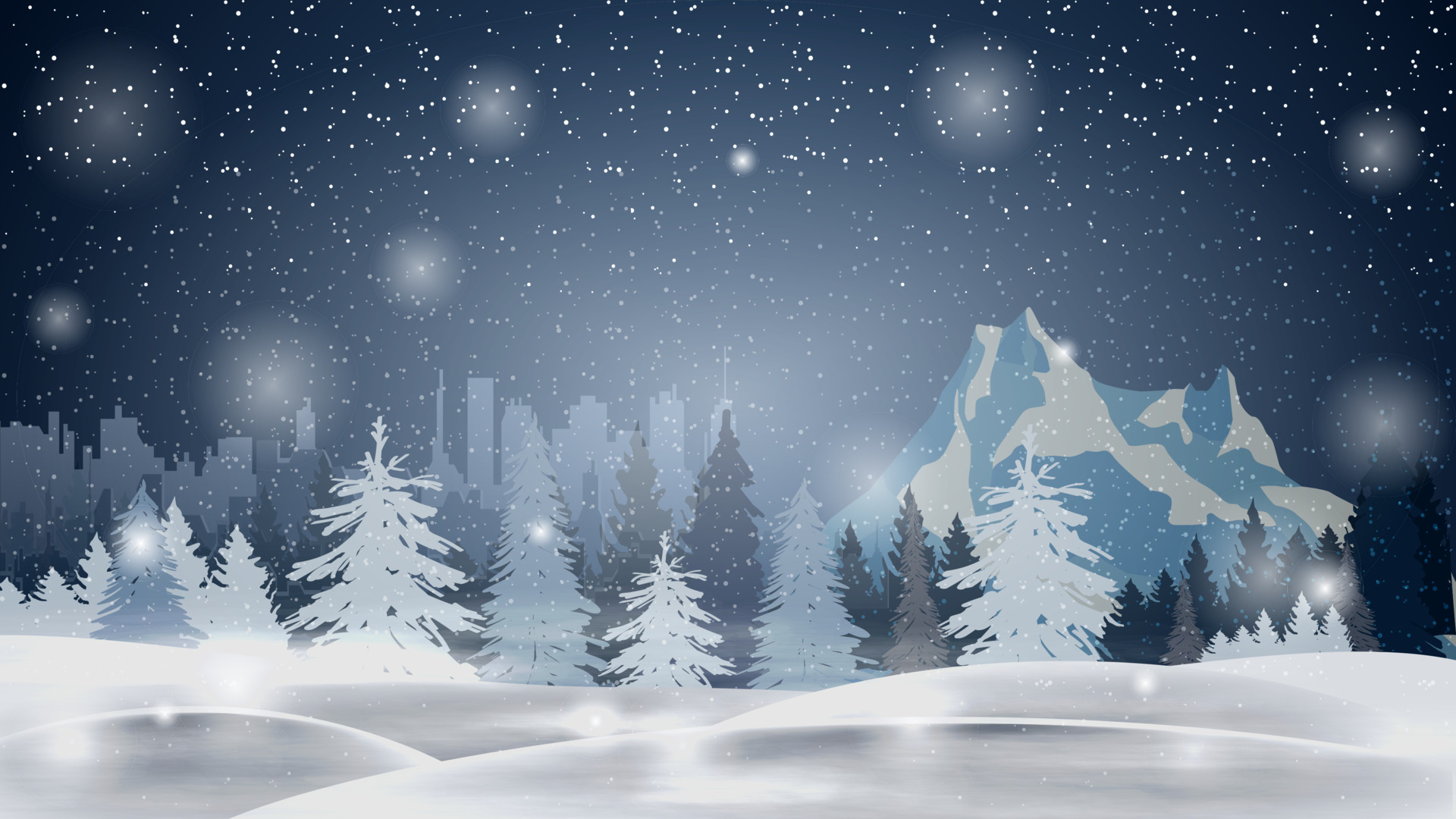 1920x1080 Cartoon winter landscape with pine forest, drifts, mountain and city on horizont. Night winter landscape with snowfall, Desktop