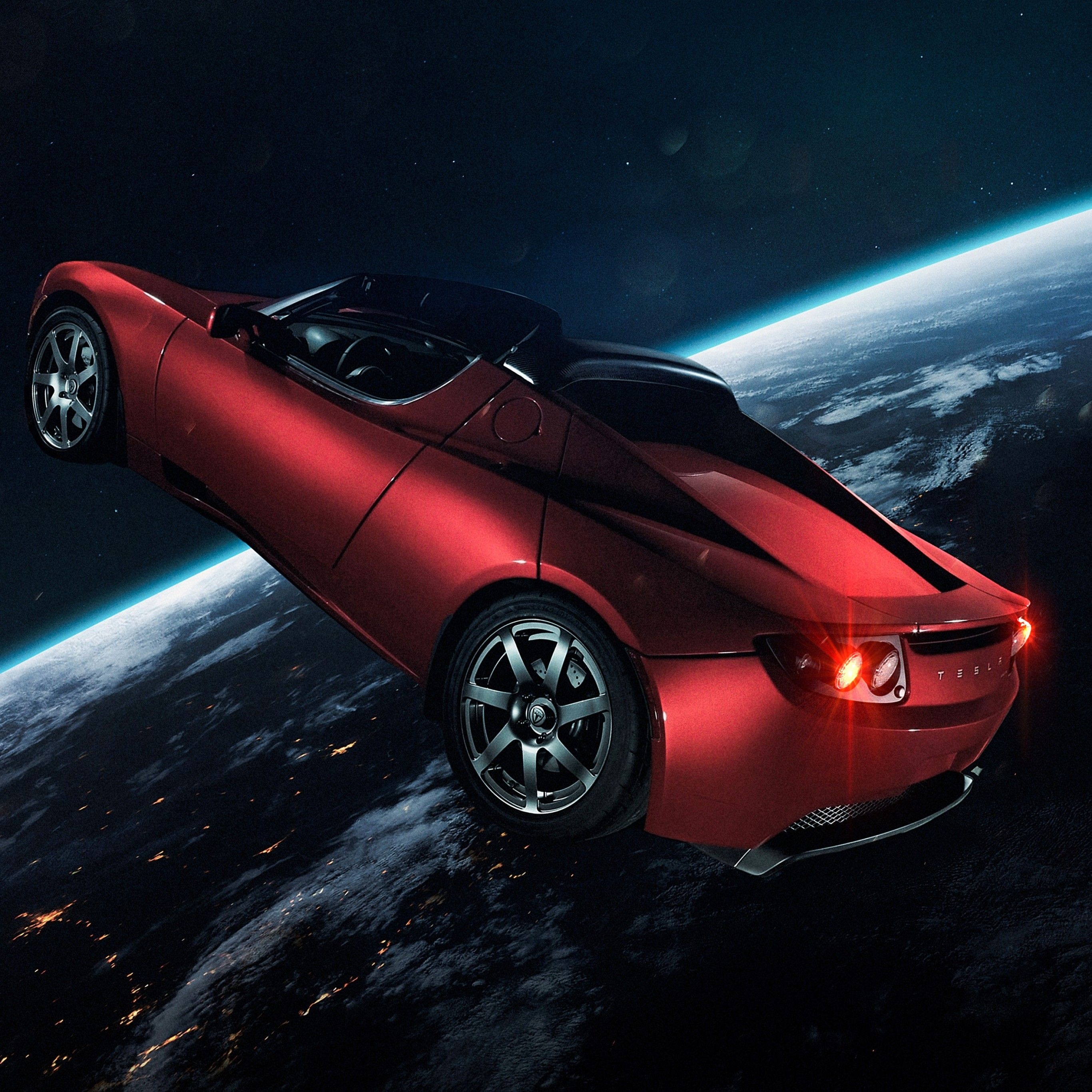 2740x2740 Elon Musk's Tesla Roadster 4K Wallpaper, Tesla in Space, Red Car, Earth, Horizon, Electric Sports cars, Space, Phone