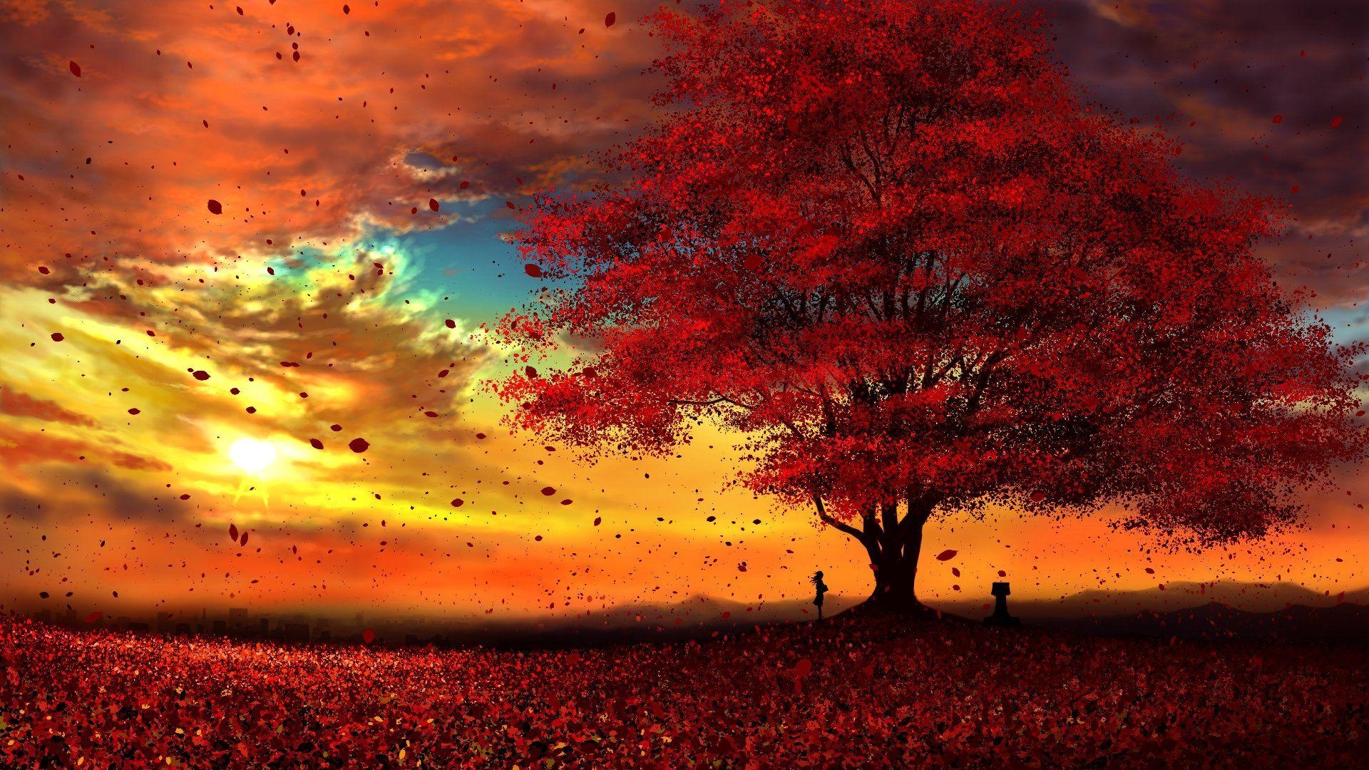 1920x1080 Anime Original Tree Fall Leaf Sun Peace Cloud Wallpaper. Anime scenery wallpaper, Scenery wallpaper, iPhone wallpaper landscape, Desktop