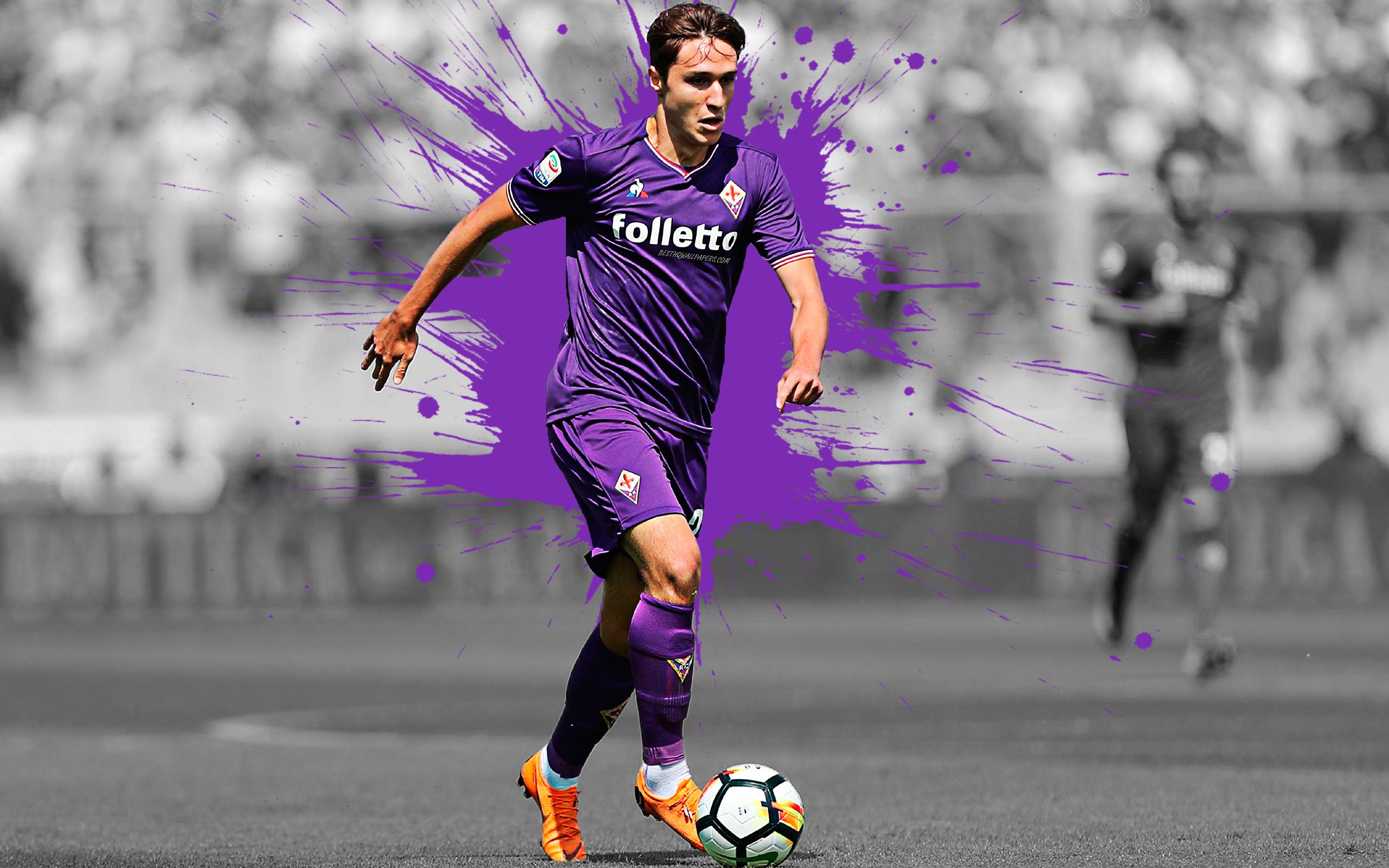 3840x2400 Download wallpaper Federico Chiesa, 4k, art, Fiorentina, Italian football player, splashes of paint, grunge art, creative art, Serie A, Italy, football for desktop with resolution. High Quality HD picture wallpaper, Desktop